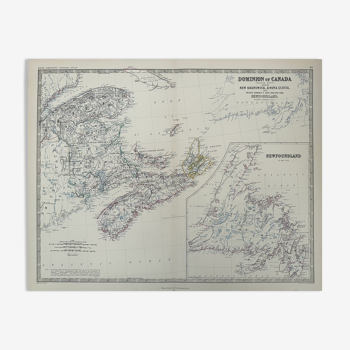 Carte antique du Canada (feuille de l’Est) vers 1869 Keith Johnston Royal Atlas Carte colorée à la main
