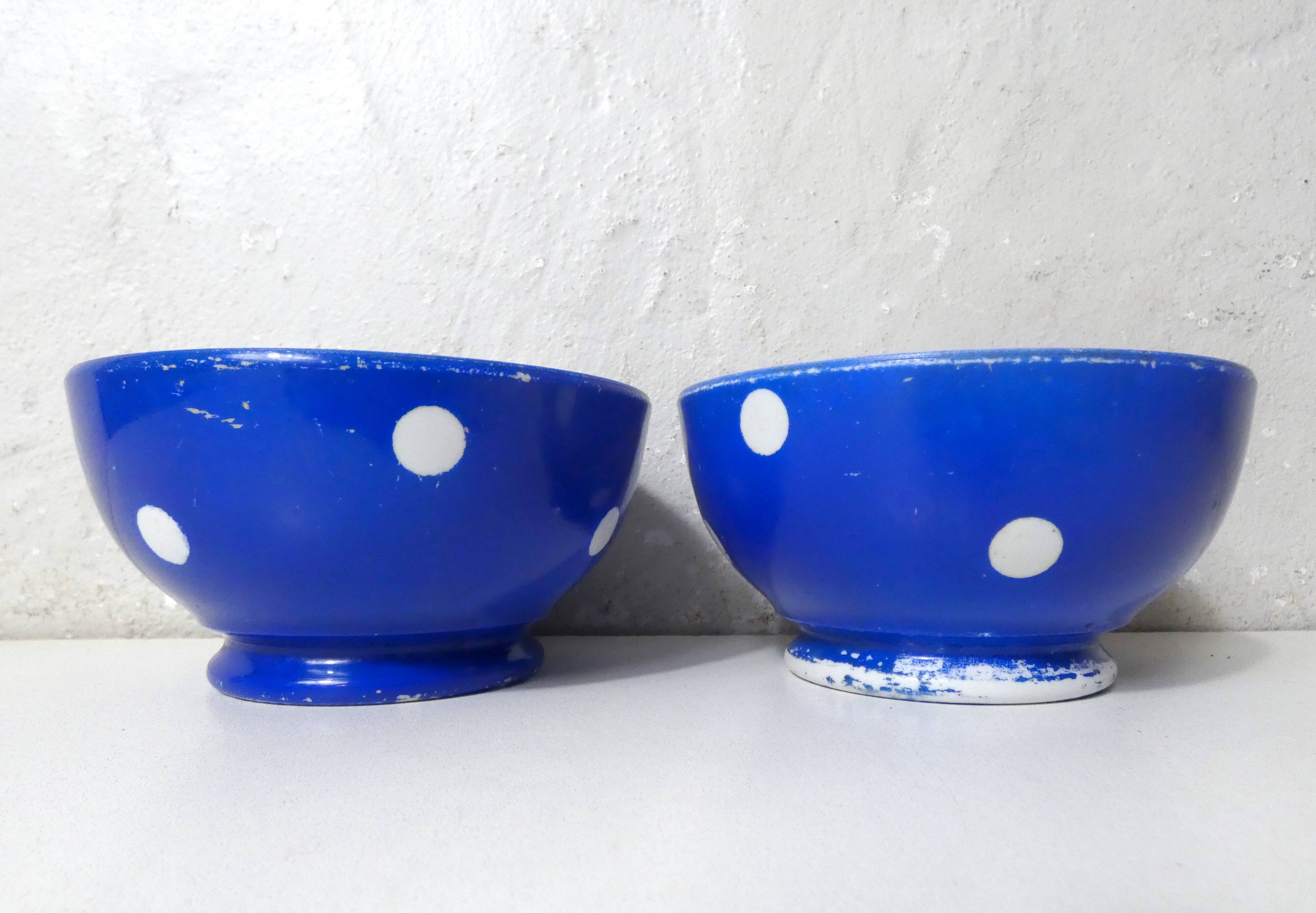 2 small old blue polka dot porcelain bowls from Longchamp
