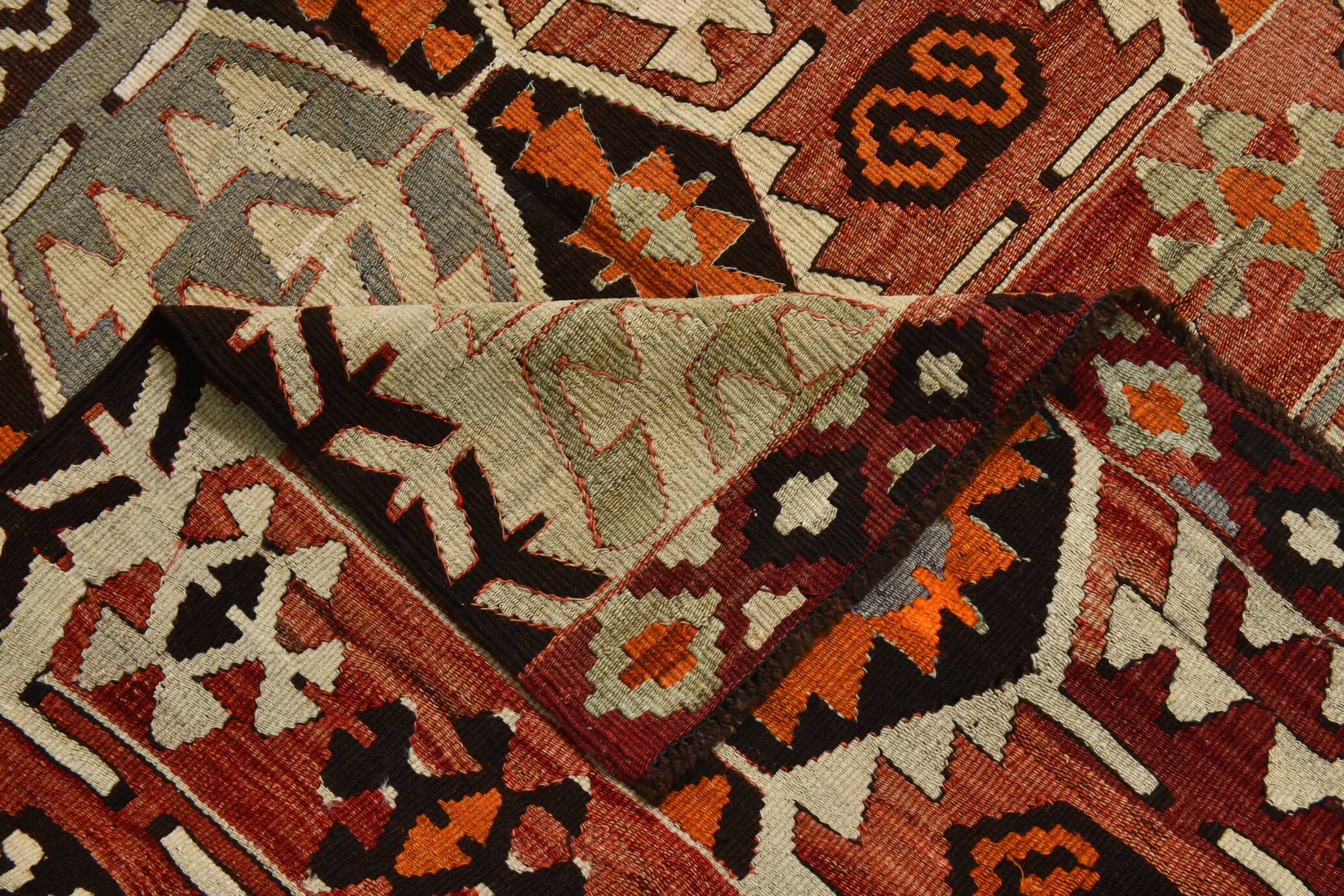 Light Green & Orange Tribal Turkish Kilim Rug, 141x305Cm