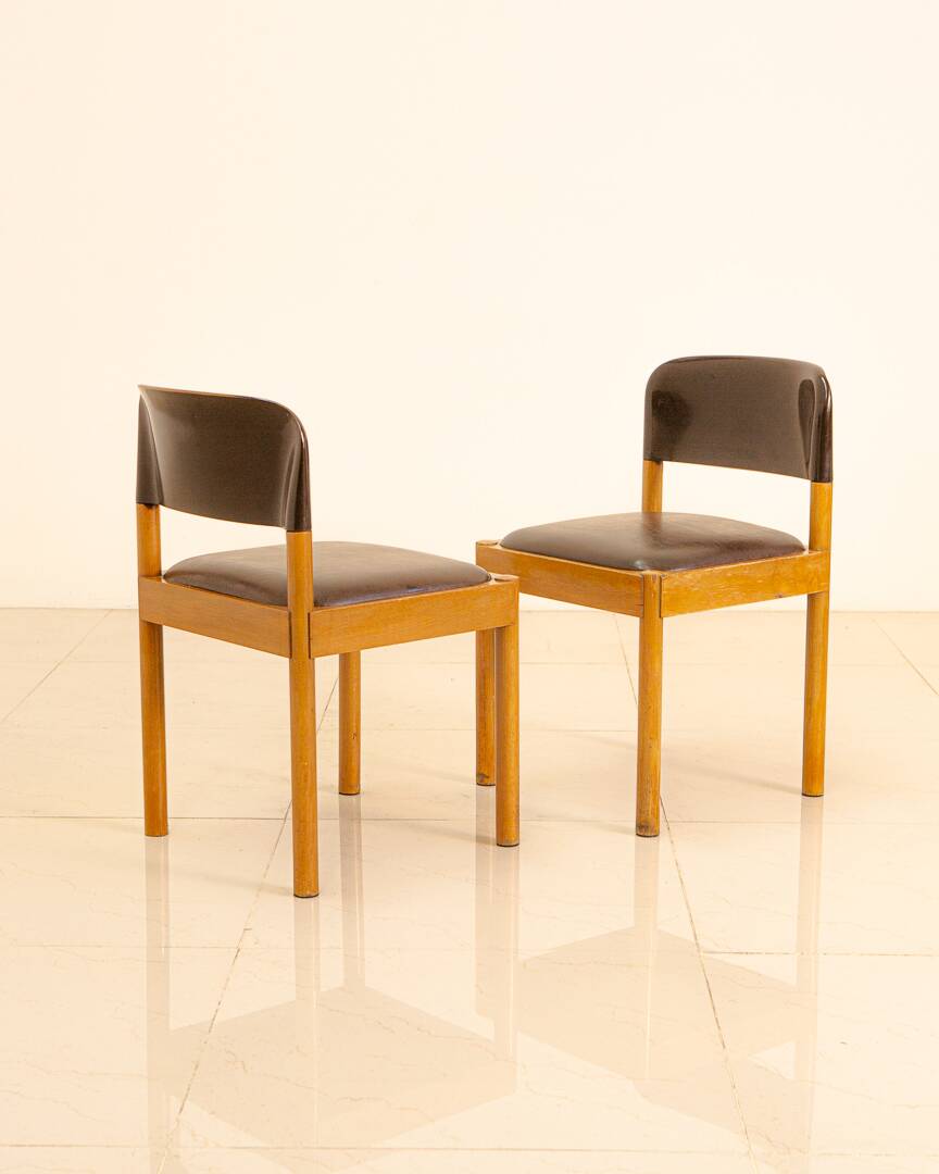 Set of 6 wooden and leather chairs by Piarotto Italy 80's