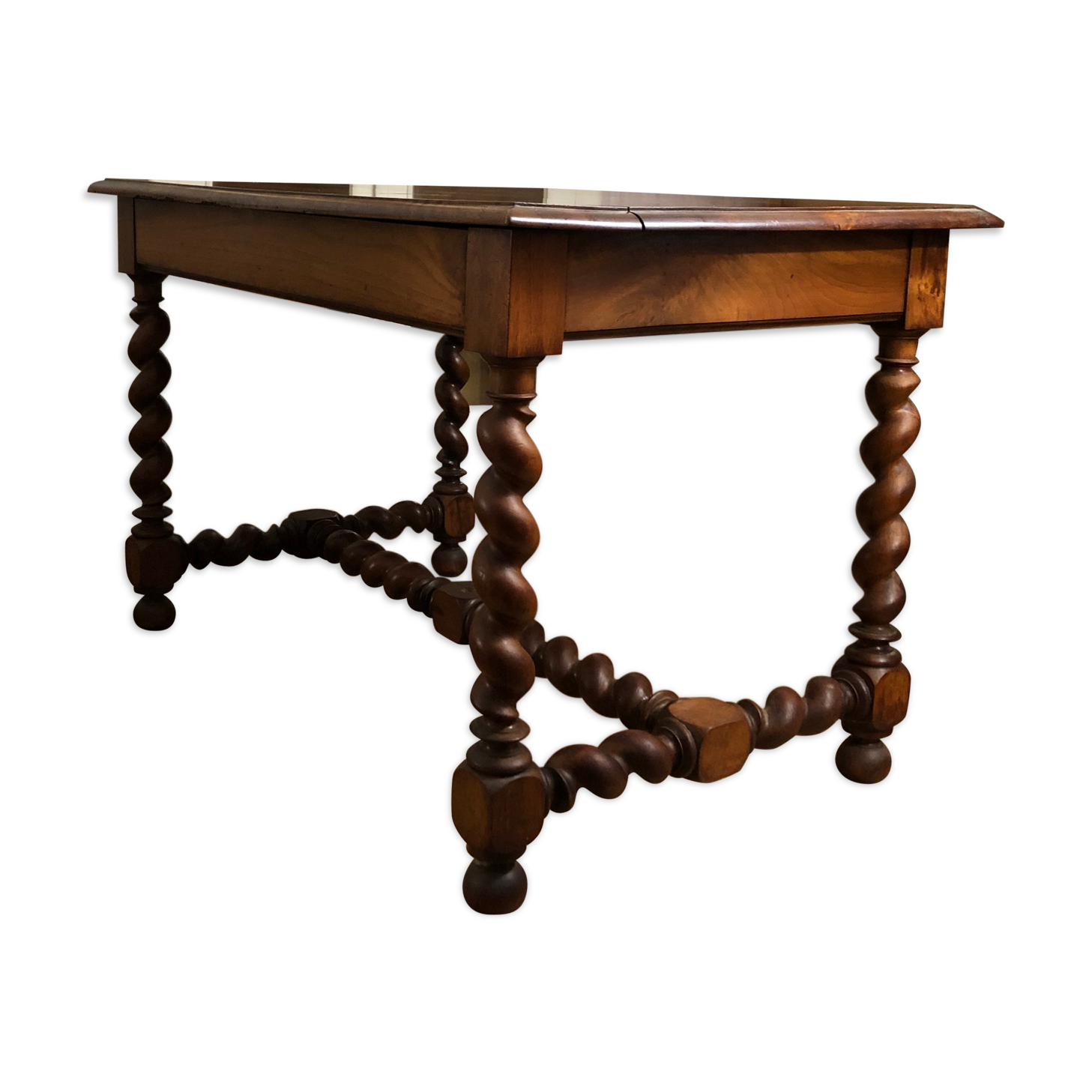 Louis XIII wooden desk, twisted feet and braces