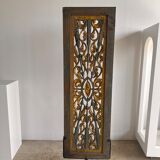 Rectangular Indonesian construction element with blue and yellow plant in carved wood