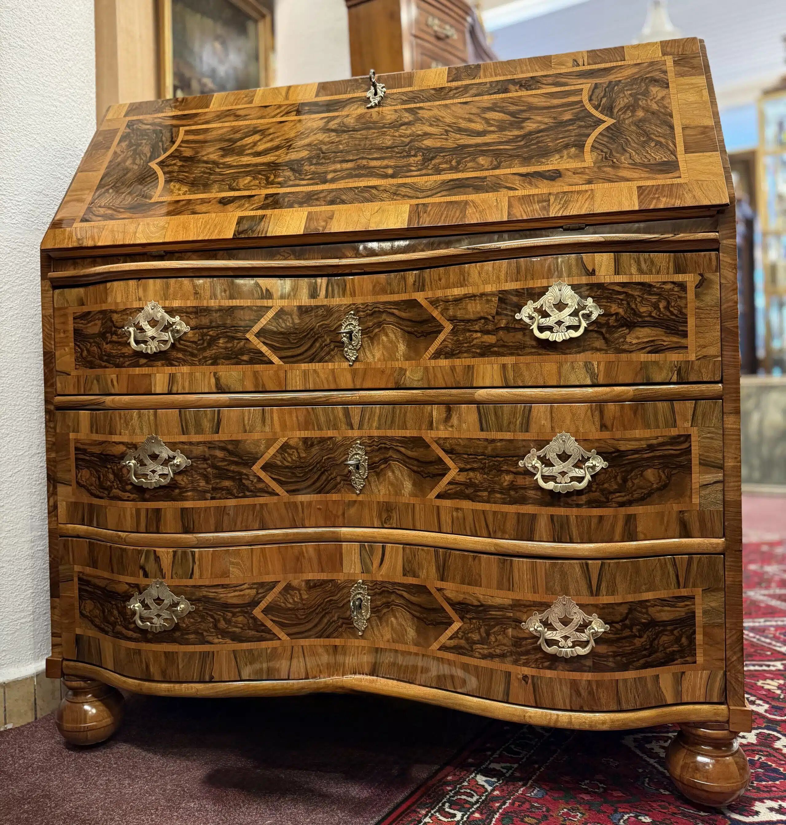 Baroque Bureau Secretary Desk, Fruitwood Marquetry, Germany, c. 1760