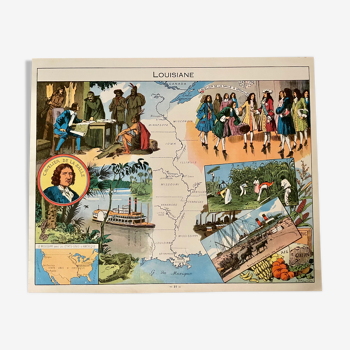 Affiche ancienne carte de la Louisiane de 1948 - JP Pinchon