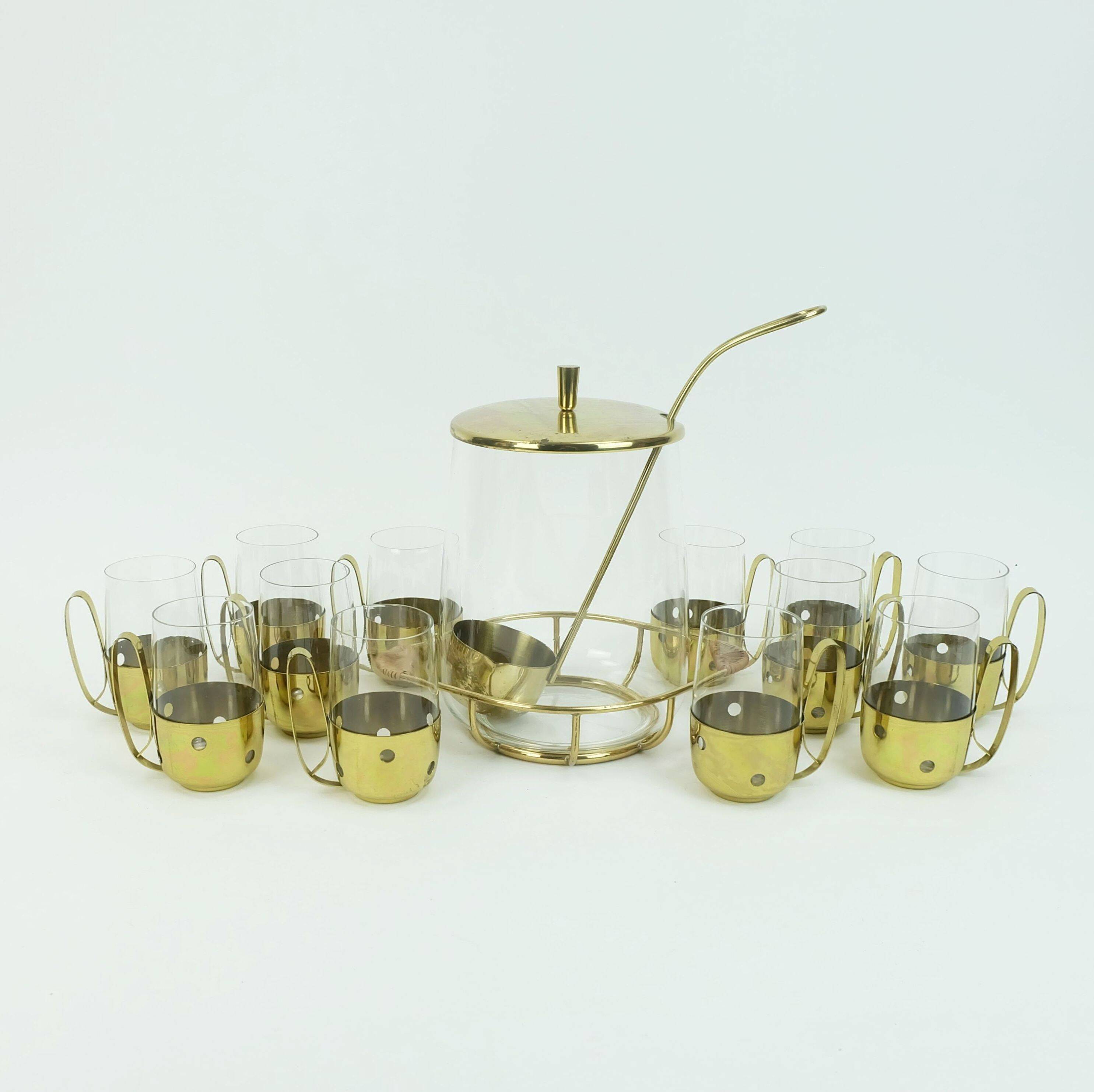 elegant mid century PUNCH bowl set with 12 glasses and centerpiece 1950s