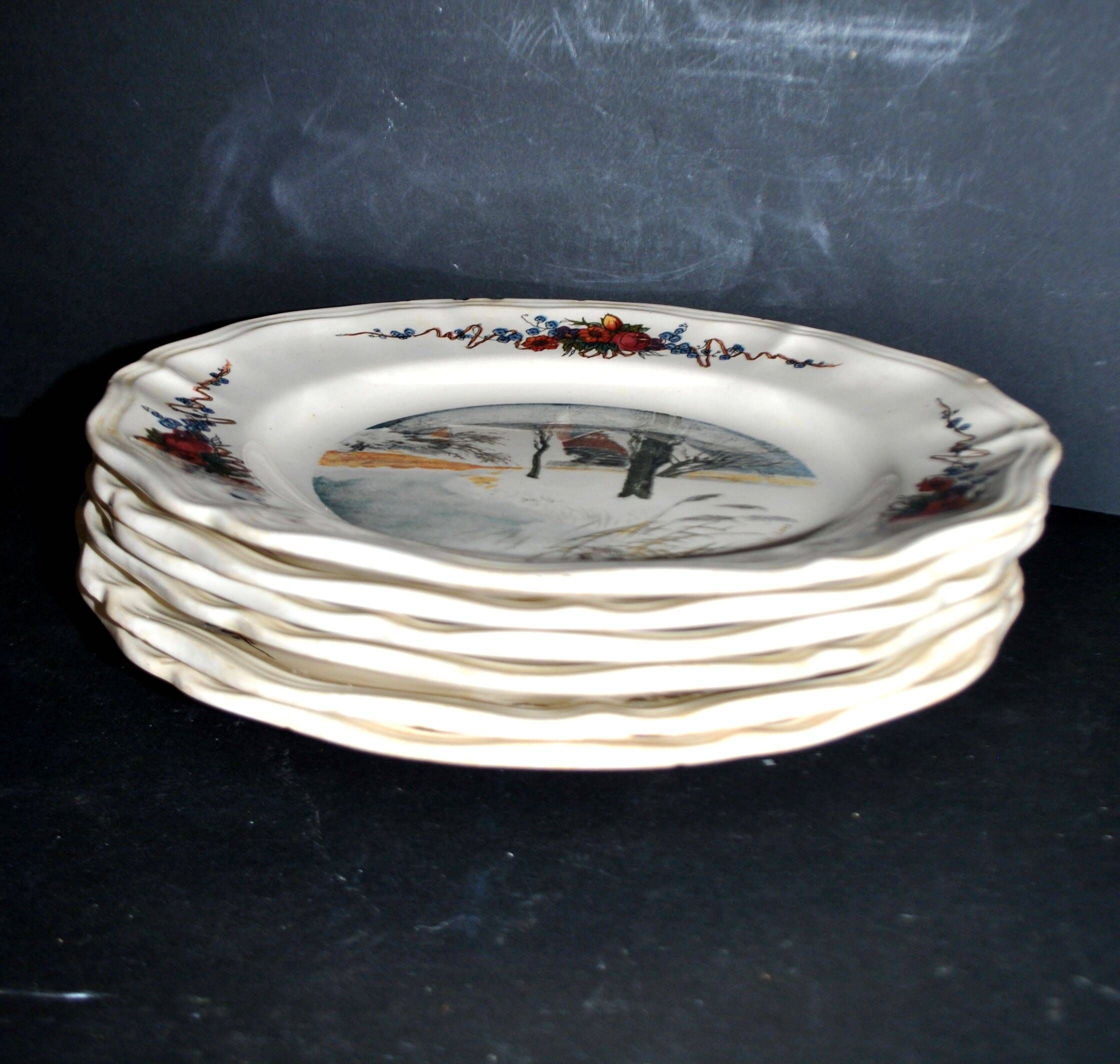 Sarreguemines set of 6 flat plates Obernai village Alsace by Loux