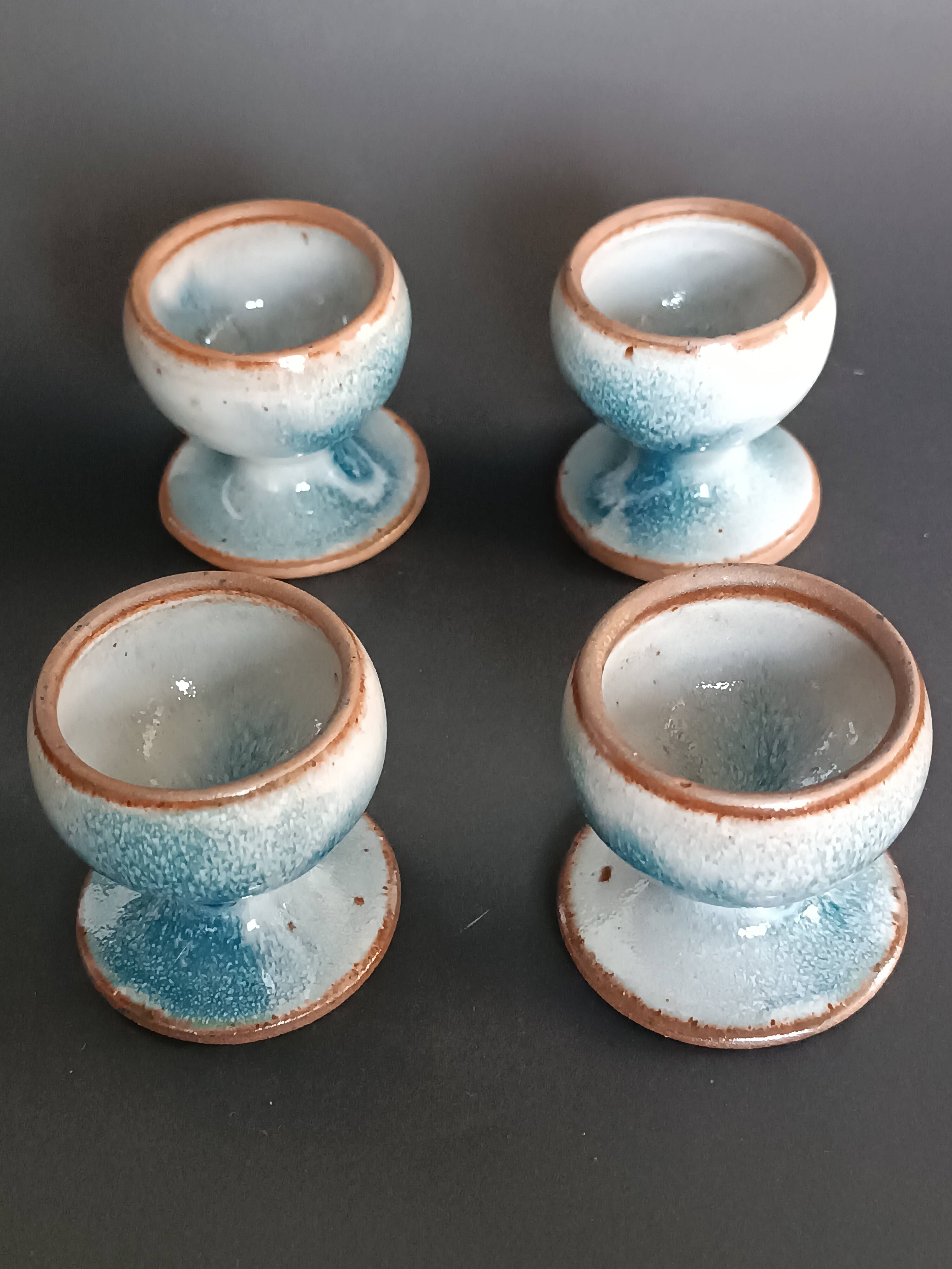 Four stoneware egg cups from Saint Amand pottery by Roger Jacques, vintage.