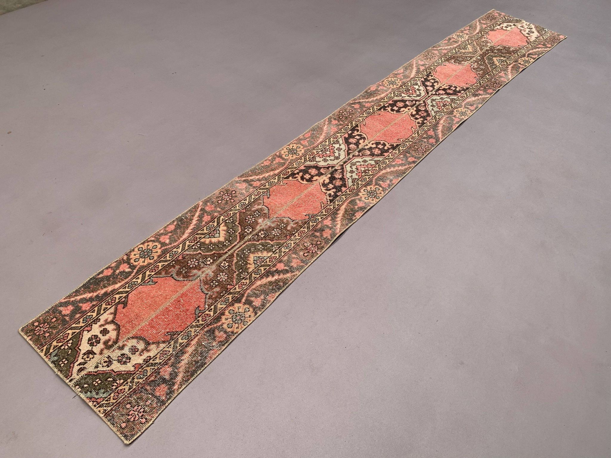 Distressed Turkish Narrow Runner 353x54 cm wool Vintage Tribal Rug
