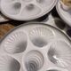 8 white/grey-blue shell/oyster plates, Moulin des Loups Orchies, France