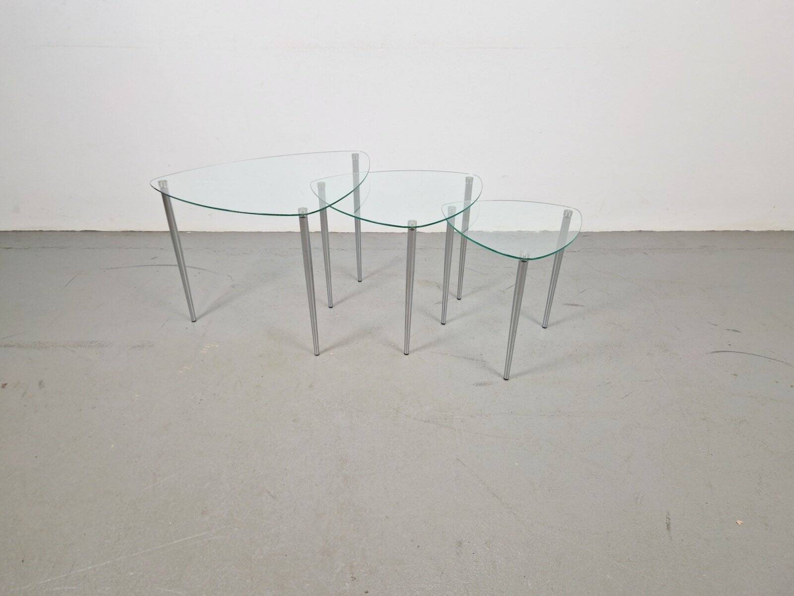 Triangular Nesting Tables in Glass and Metal, 1970s, Set of 3