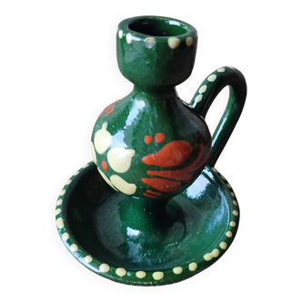 Traditional Savoyard ceramic cellar candlestick in olive green