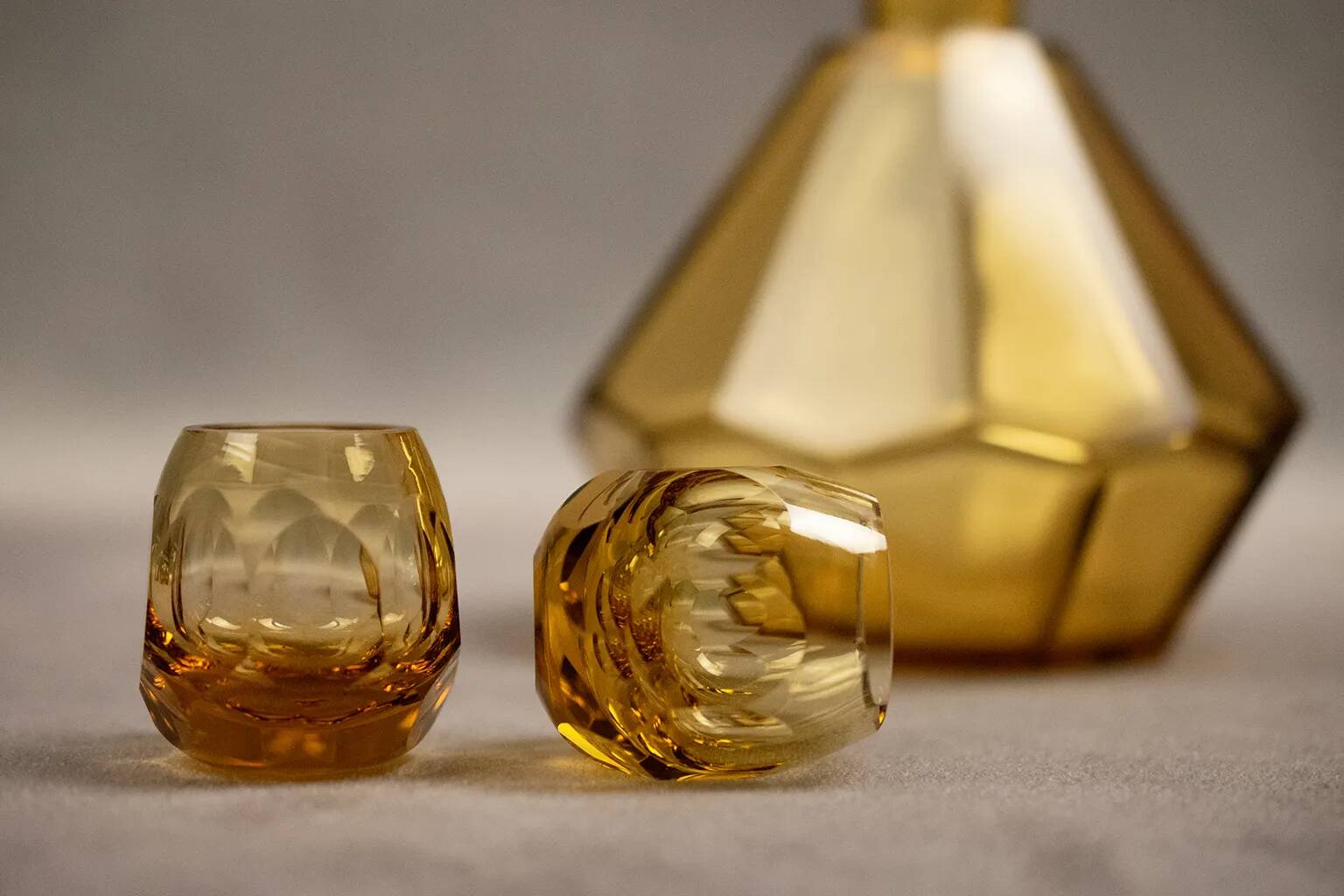 Art Deco Moser liqueur set in frosted orange glass