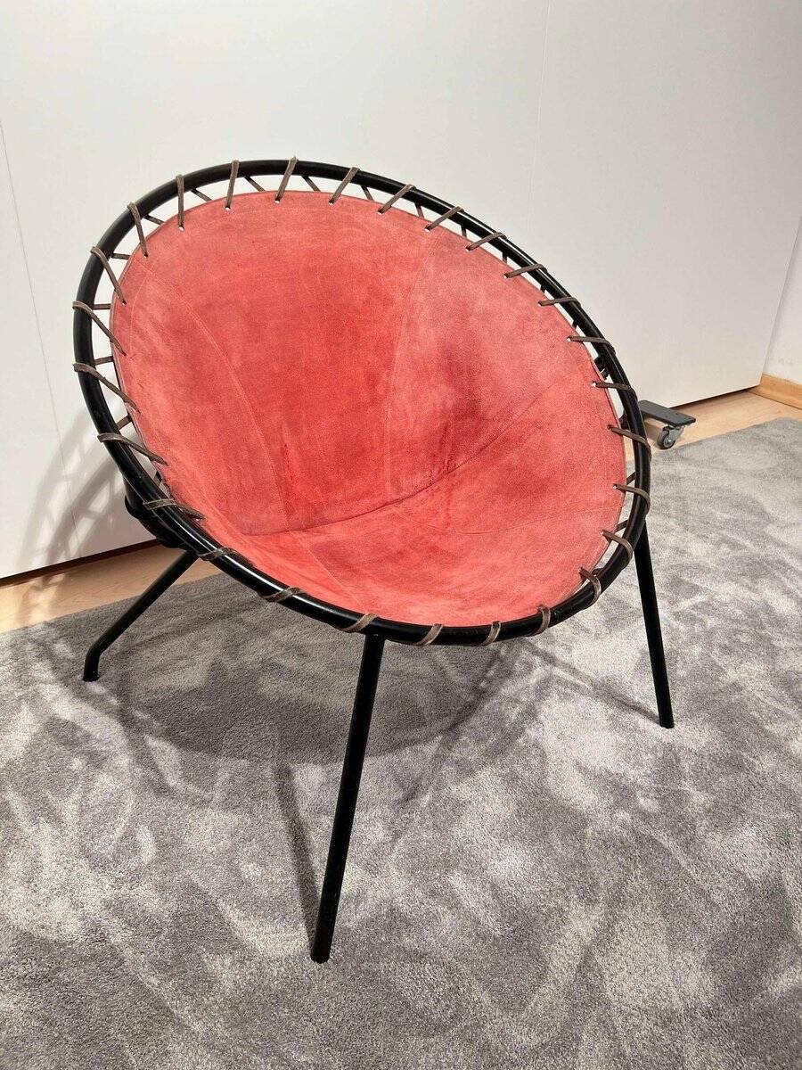 Balloon Lounge Chair in Red Suede & Metal by Hans Olsen, Denmark, 1960s