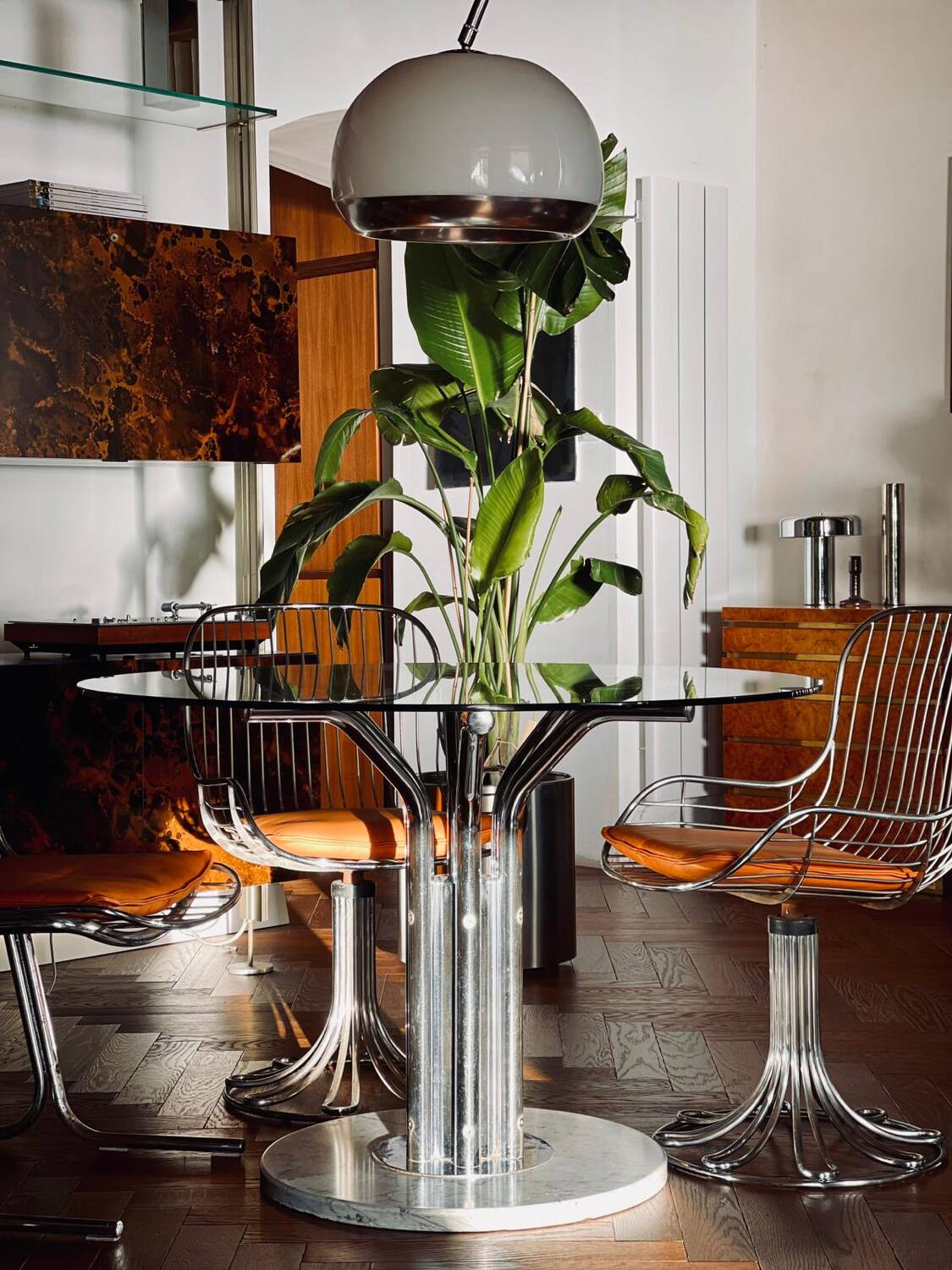 Dining table glass chrome and marble 1970s Italian vintage design