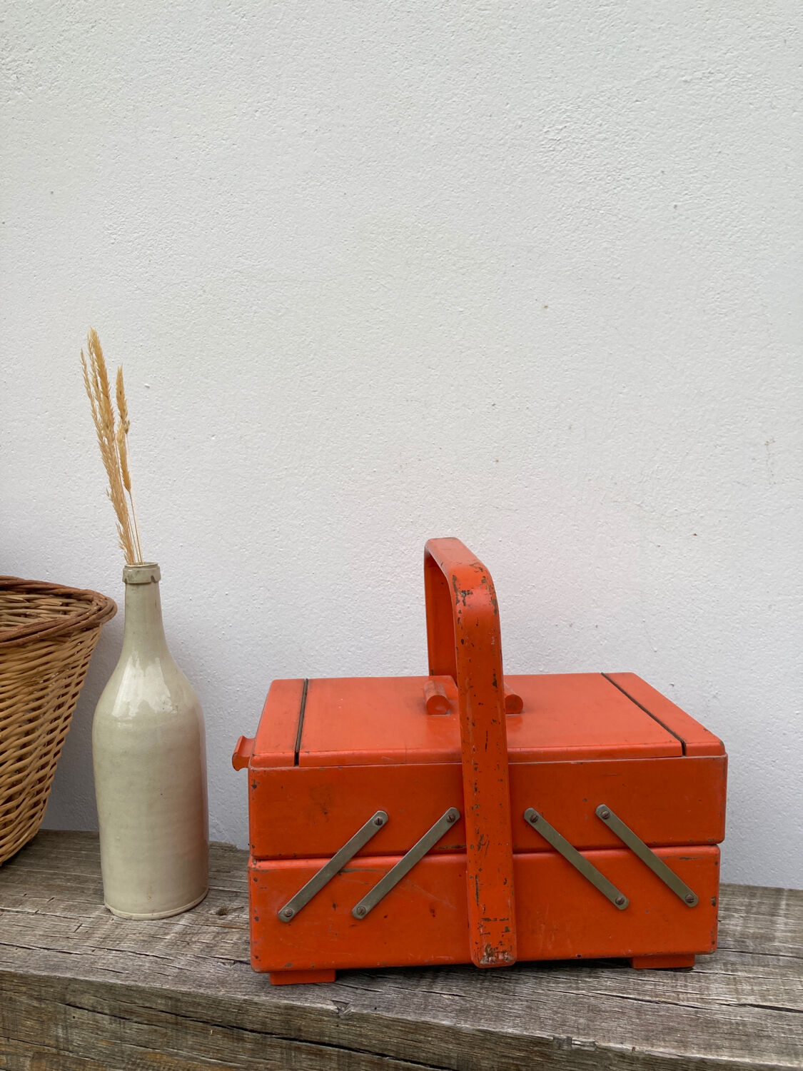 Orange wooden sewing box 1960 1970