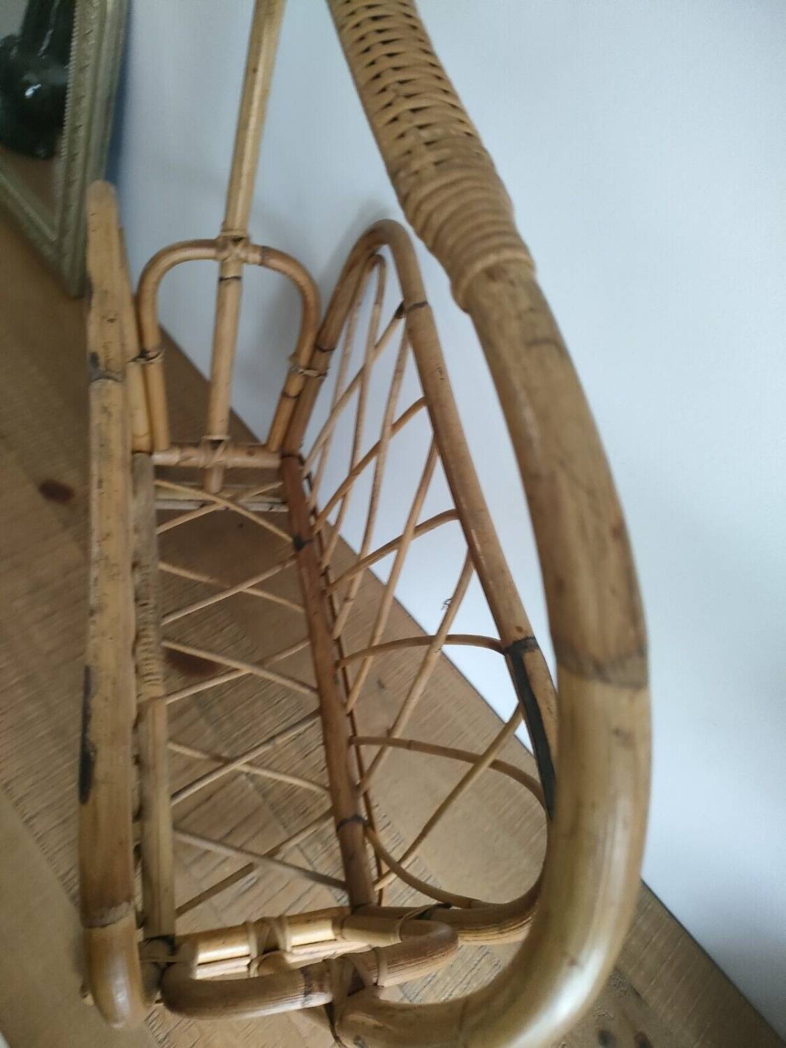 Large Rattan / Wicker Magazine Rack - Curved Shapes - Vintage - Old - 1960s