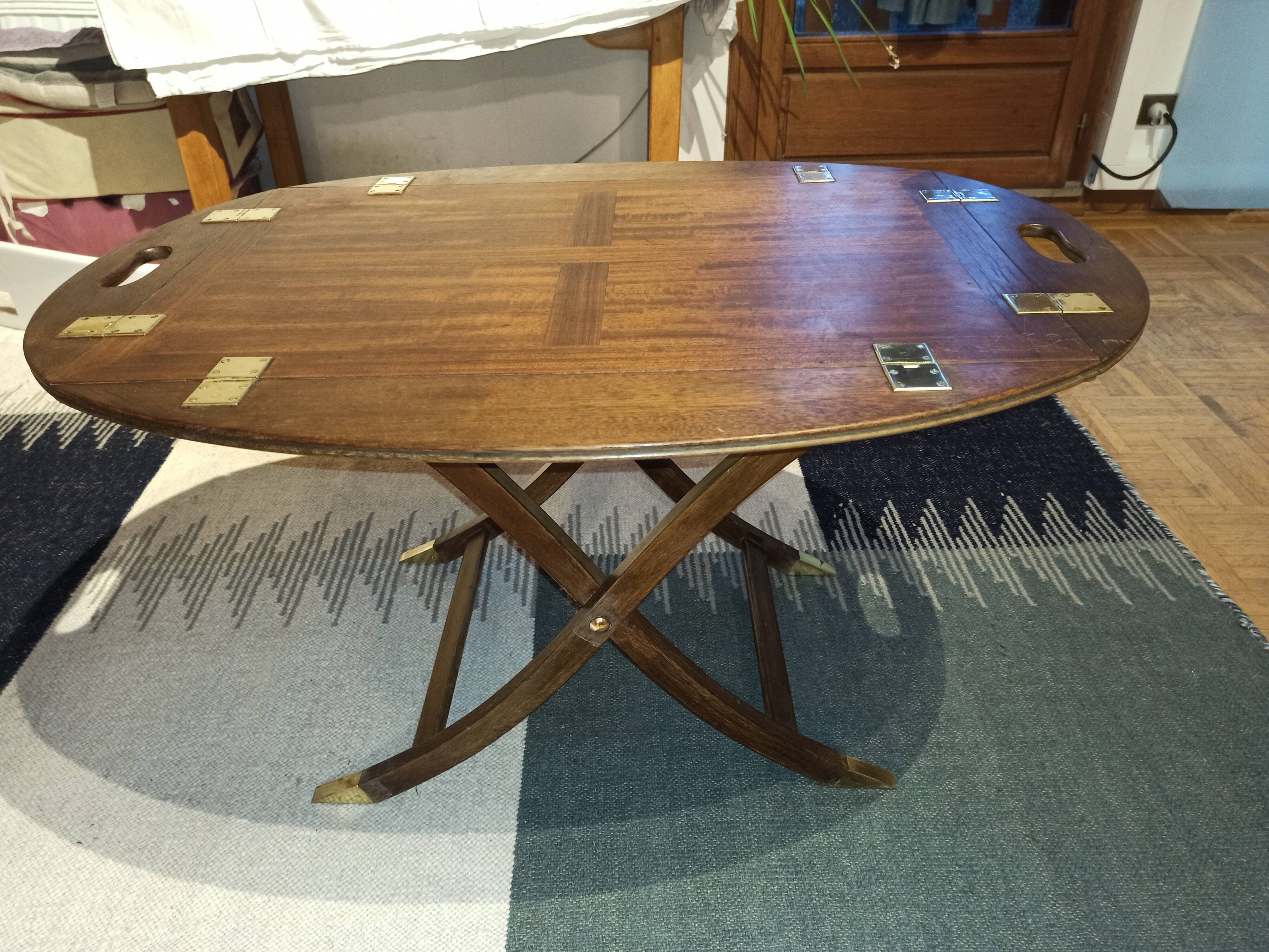 Folding coffee table type Butler marine boat wood and brass mahogany