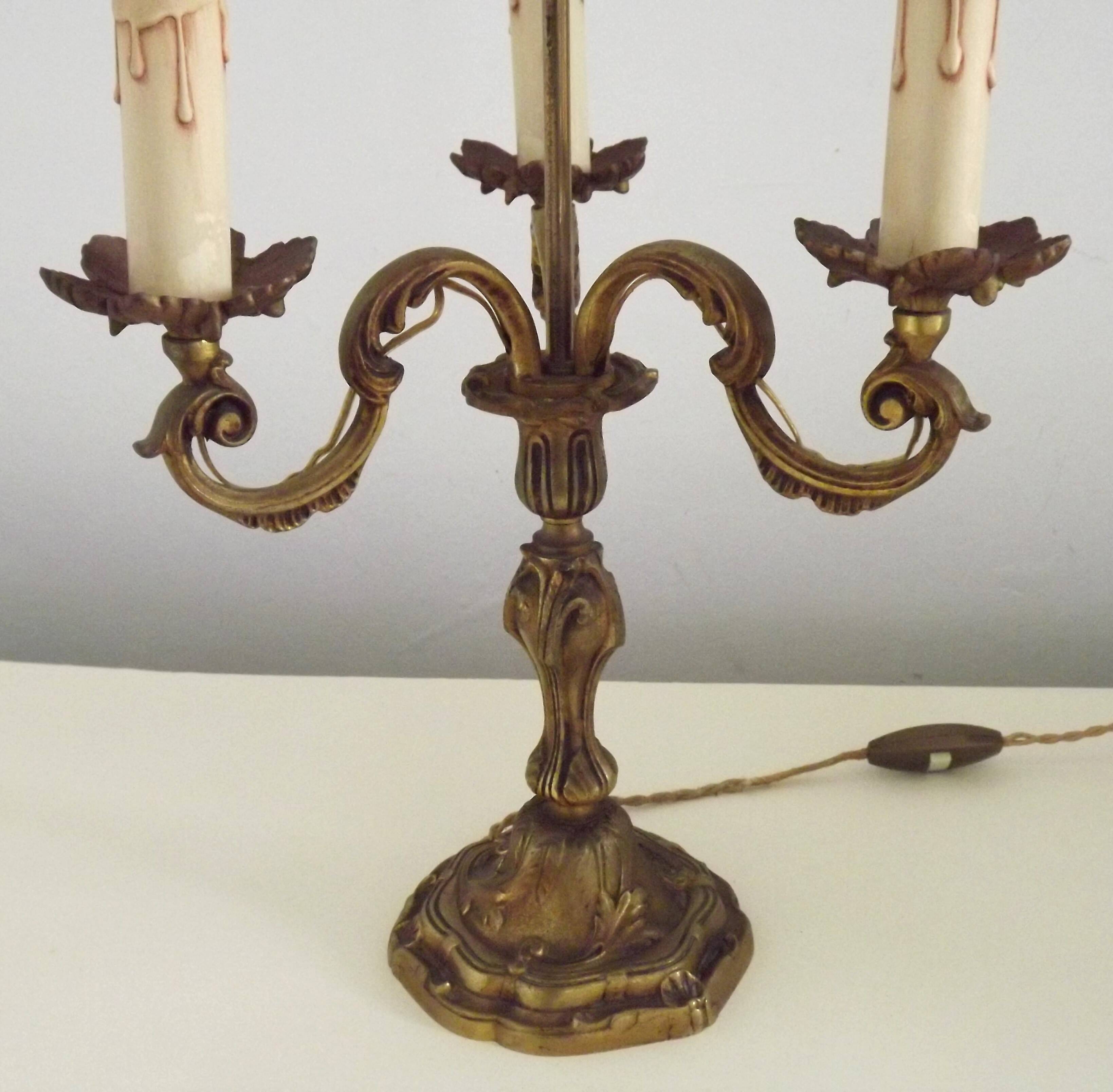 Bronze French Antique Art Nouveau 3-Light Candelabra Lamp Pleated Shade