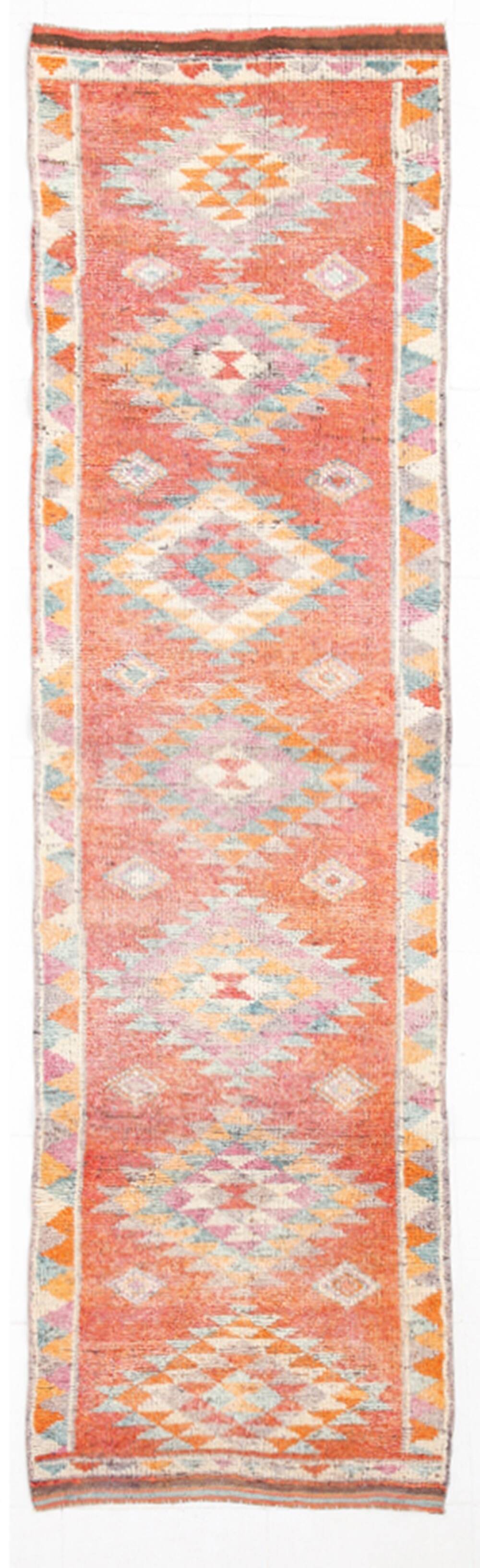 Tapis runner vintage orange à motifs géométriques faits main, 86x319Cm