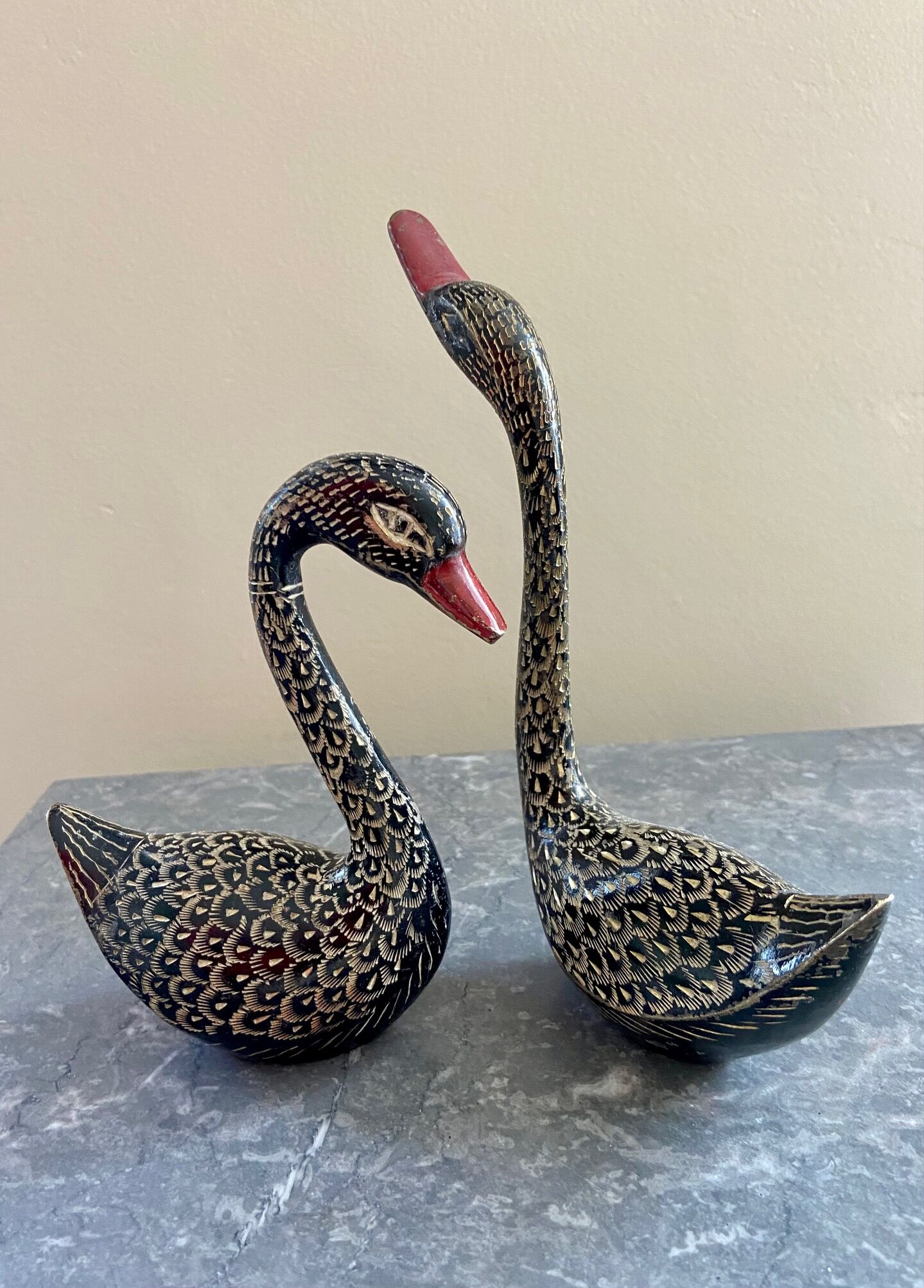 Pair brass swans