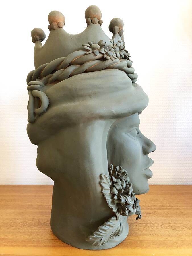 Large crowned ceramic head by Stefania Boemi – Sicily, 44 cm