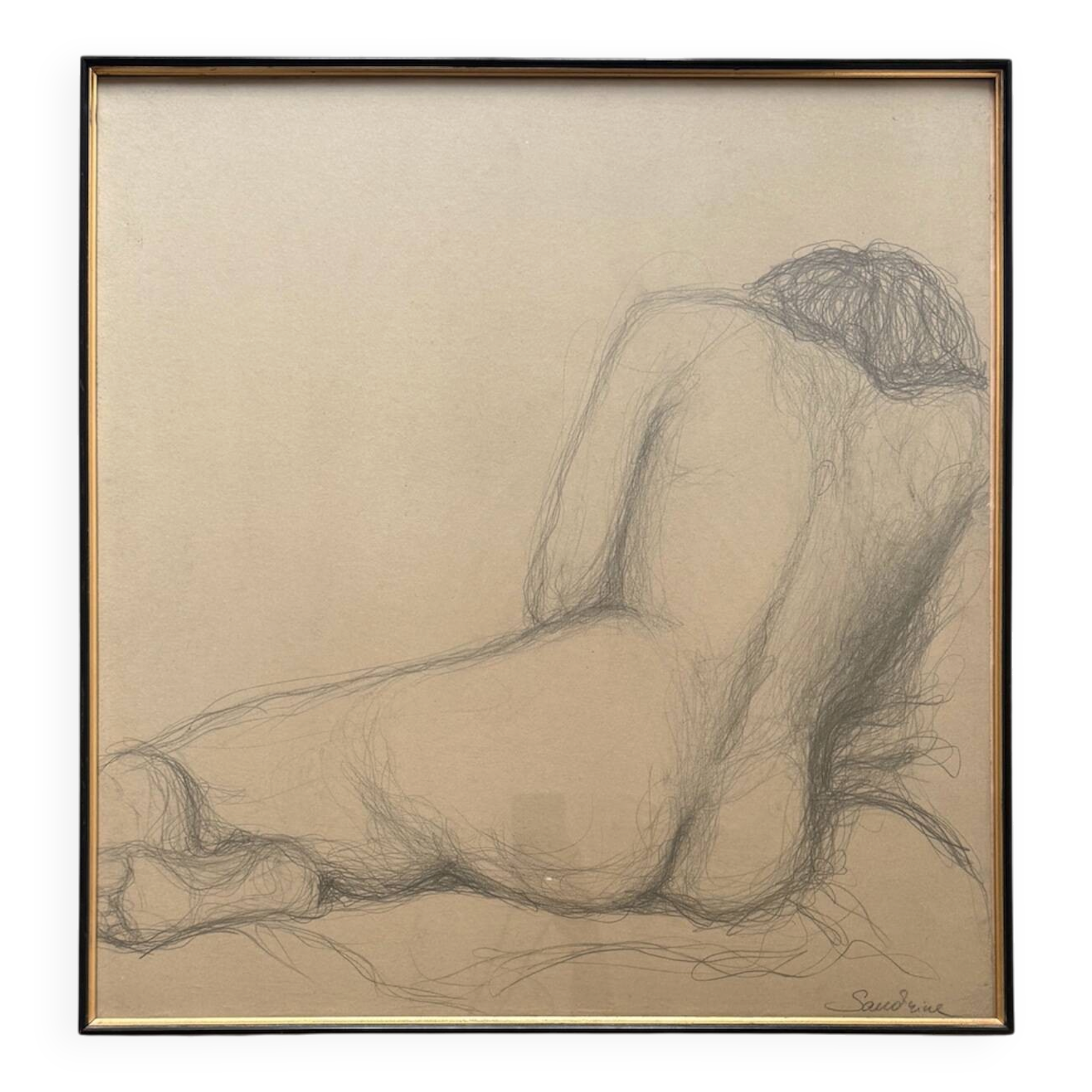 Large original drawing of a female nude, pencil on paper under glass signed XX.