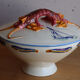 Covered ceramic vegetable dish with painted marine decoration – lobster dish