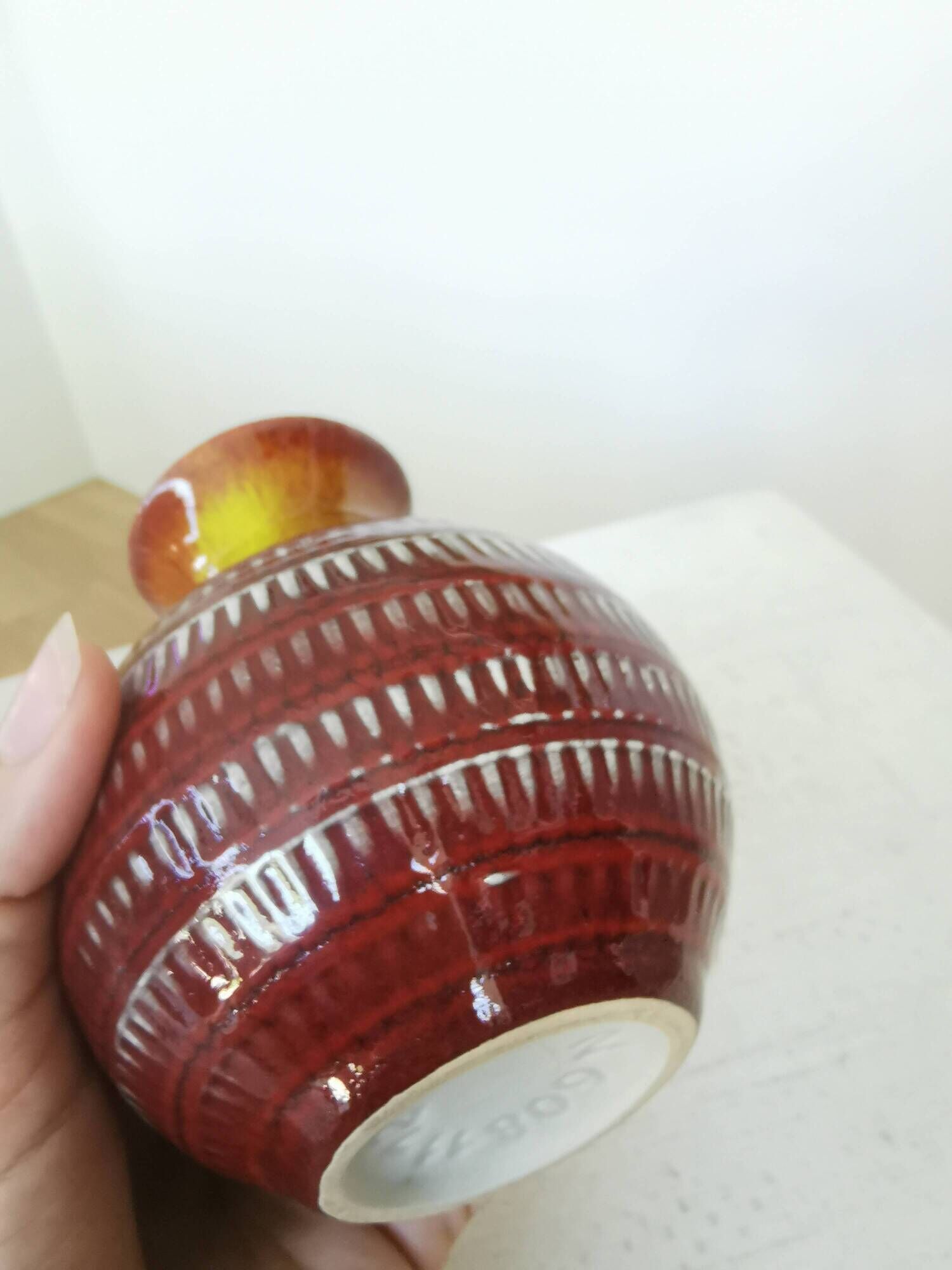 Vintage Scheurich Fat Lava Vase: West German Red & Yellow Pottery