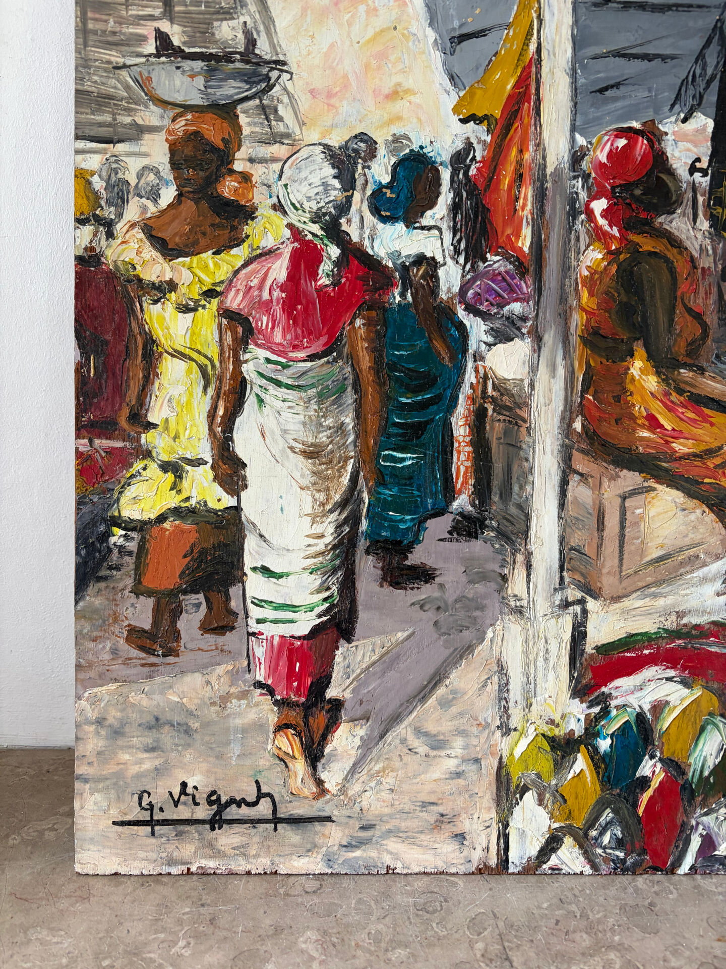 Market in Dakar, oil on panel signed G Vignesoult.