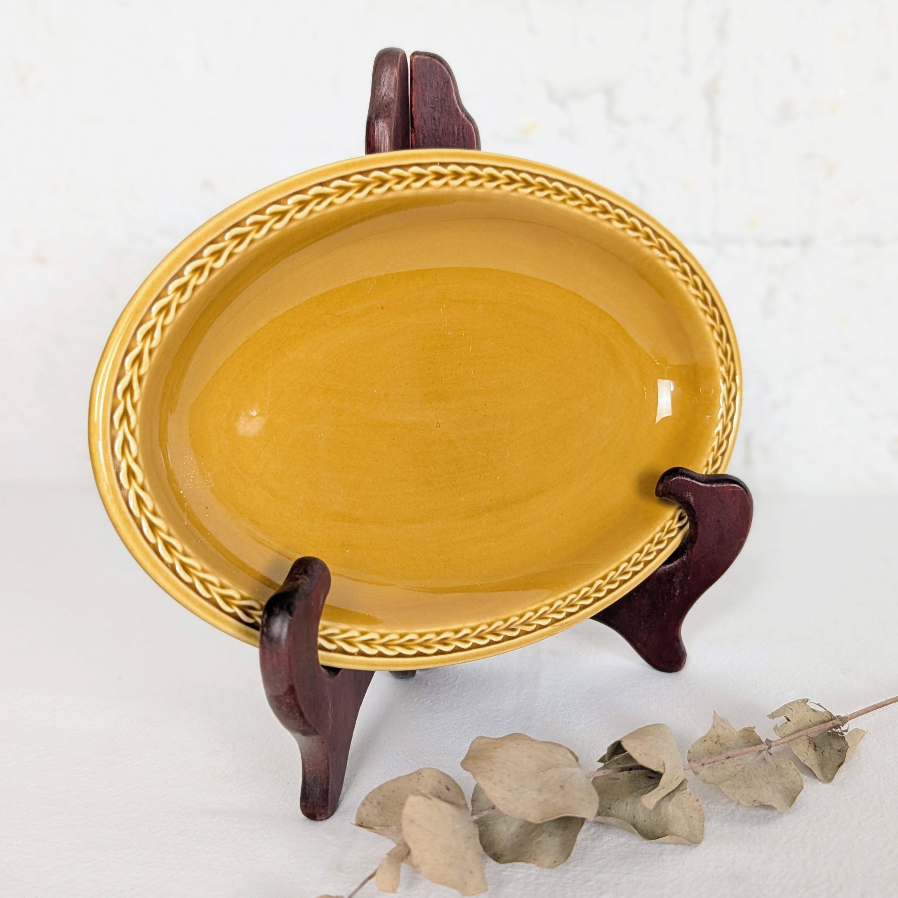 Mustard yellow ceramic platter Salins France