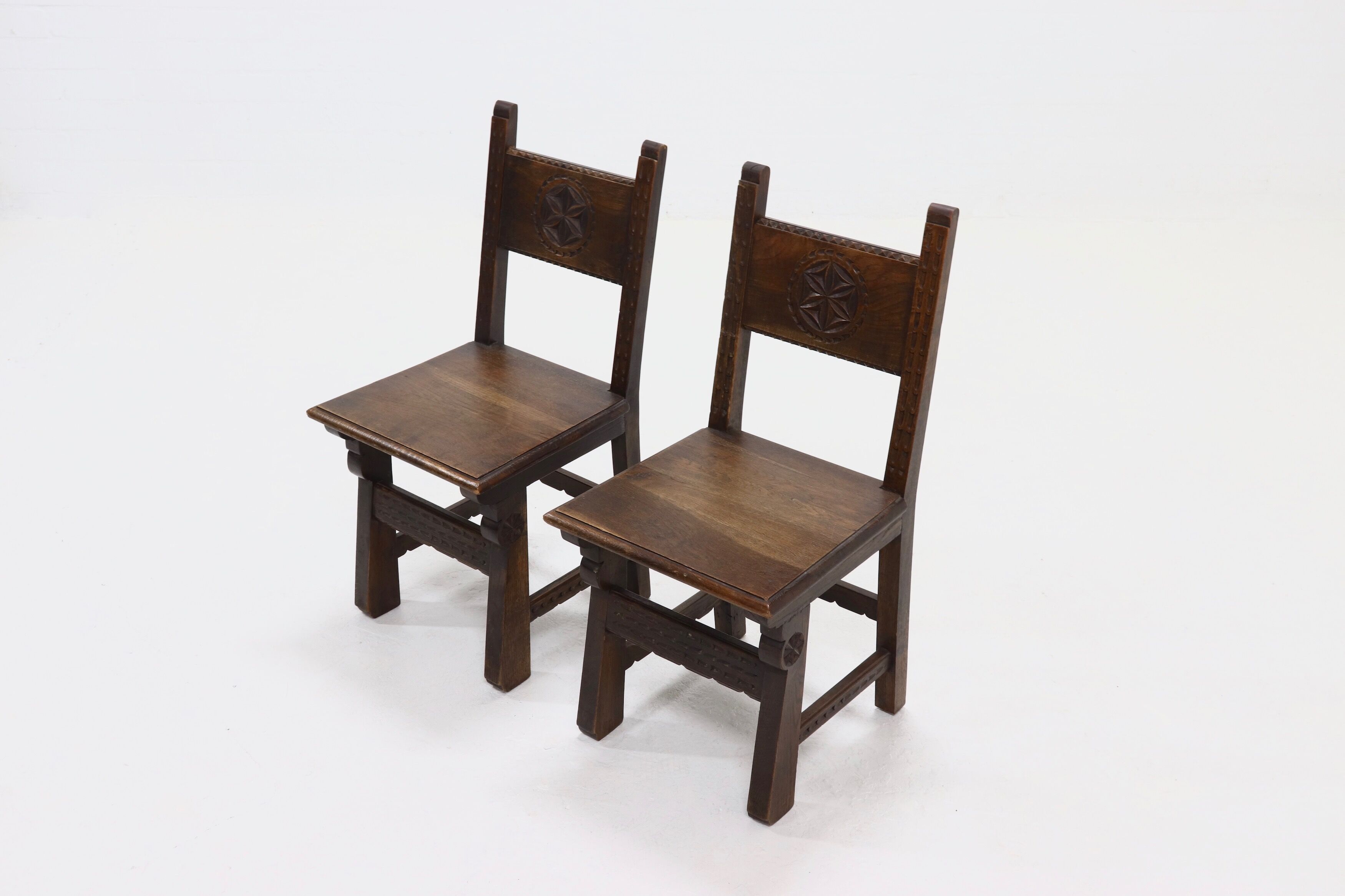 Set of 2 19th Century Spanish Hand Carved Oak Chairs