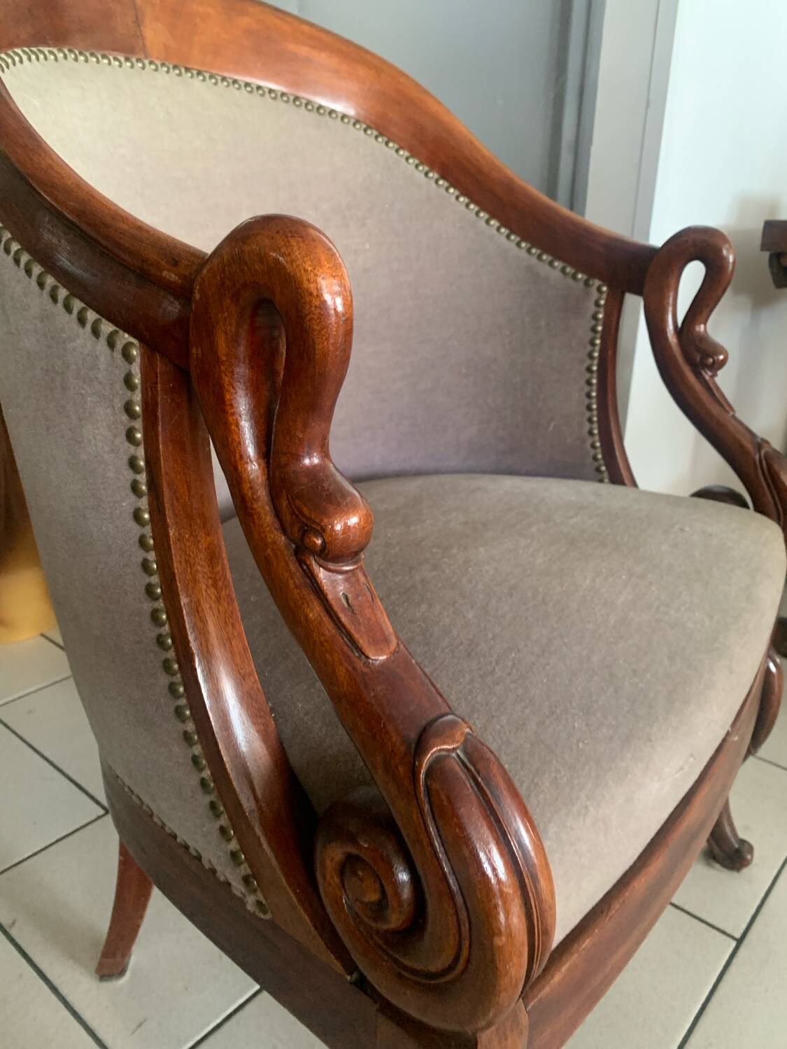 Antique armchair, Restoration style, swan neck