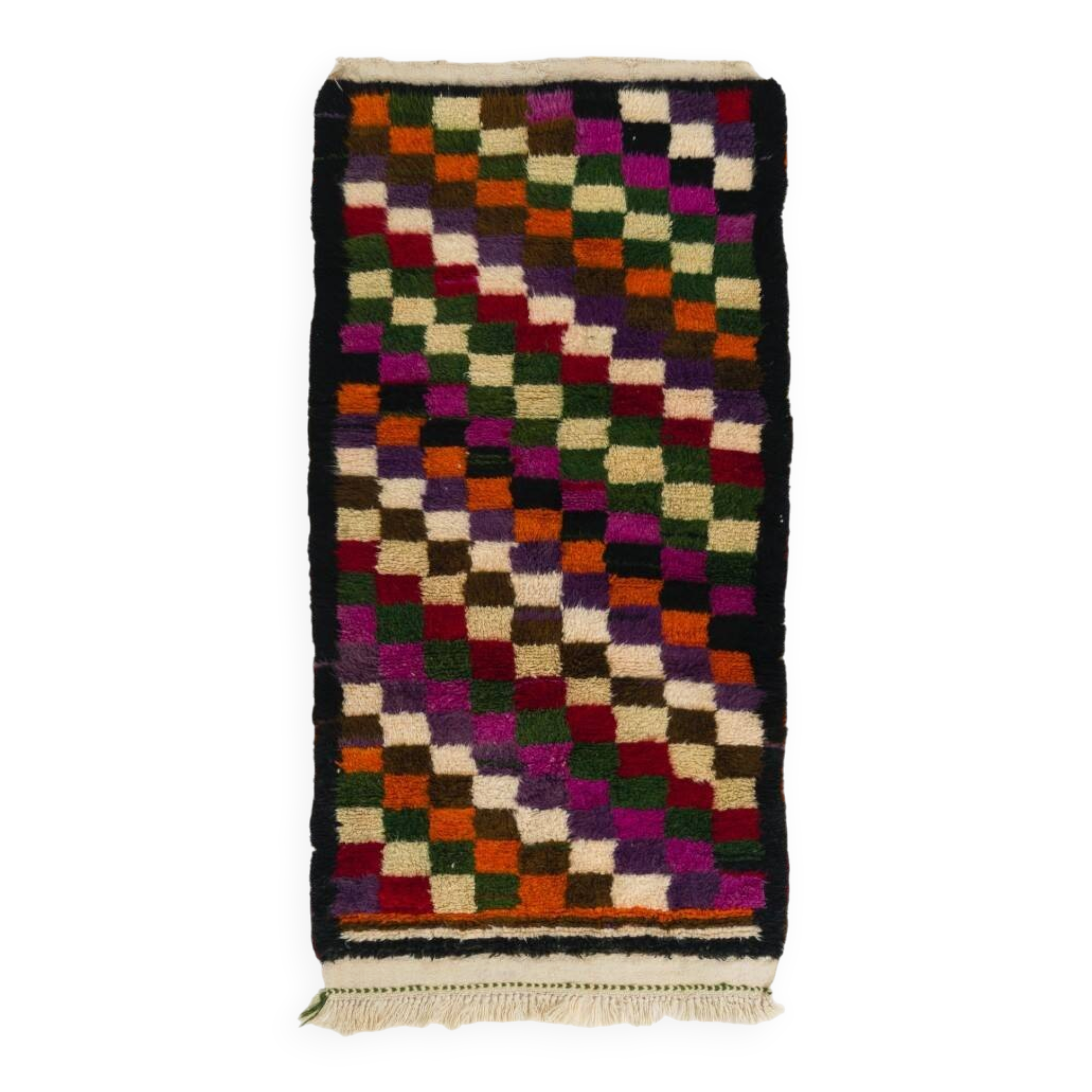 Colorful Vintage Hand-Knotted Turkish Tulu Rug with Checkered Design. 100% Wool