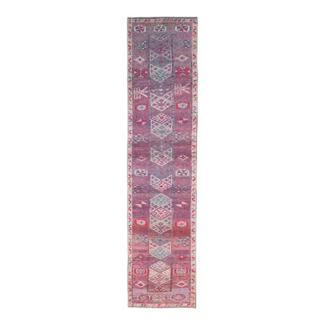 Vintage Turkish Oushak Handmade Cotton Purple Wool Runner Rug 80x348
