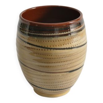 Hand-Painted Earthenware Vase with Creme and Black Graphic Decor, Sweden