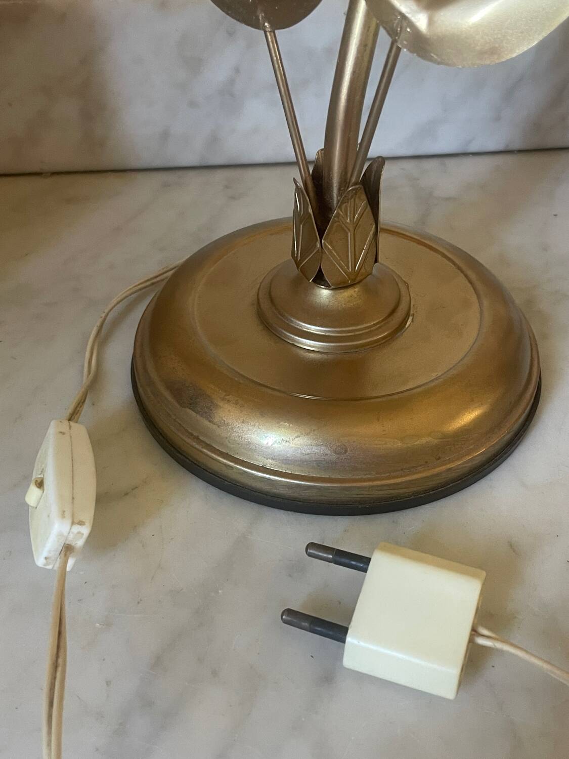 70s gold metal and opaline lamp
