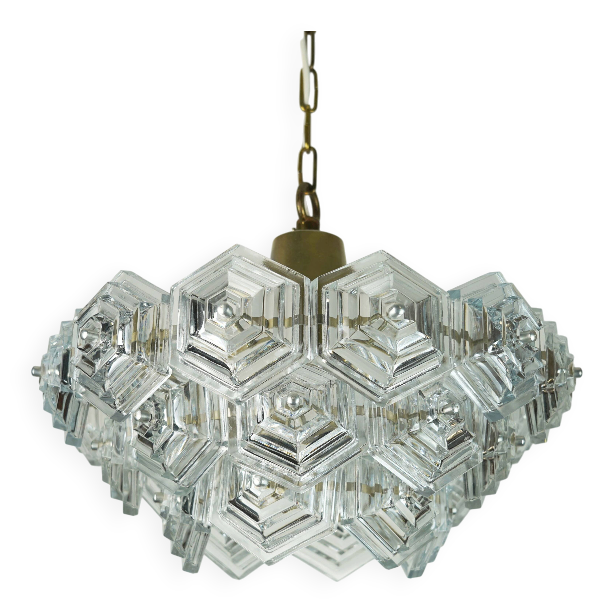 3-tier mid century pendant light with 27 hexagonal glass panels 1960s 70s