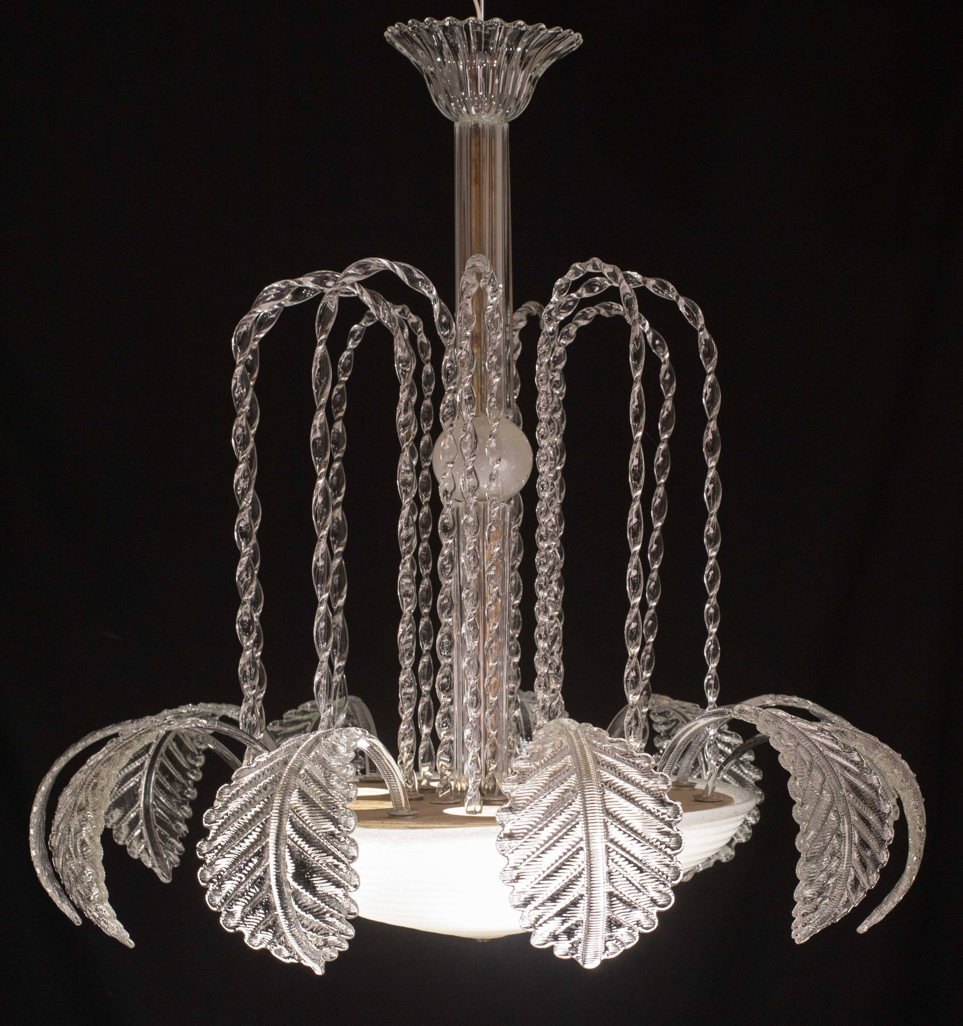 Elegant Art Decò, Barovier & Toso Chandelier, Murano Glass, 1950s