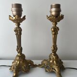 Pair of openwork gilded bronze tripod lamps