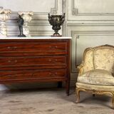 Louis XVI commode in mahogany with brass beading, arabescato marble top, 18th century