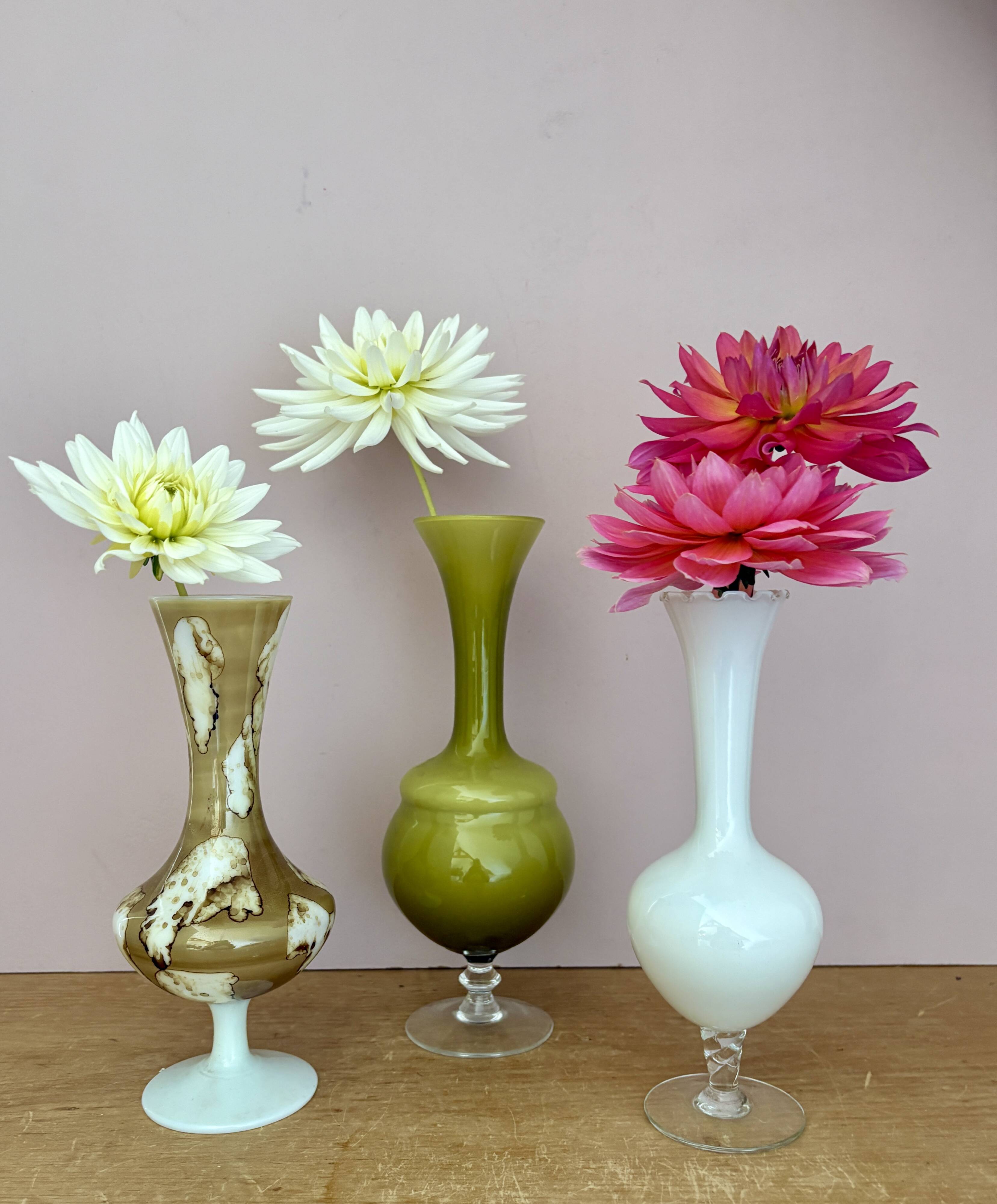 Set of 3 vintage glass and opaline vases