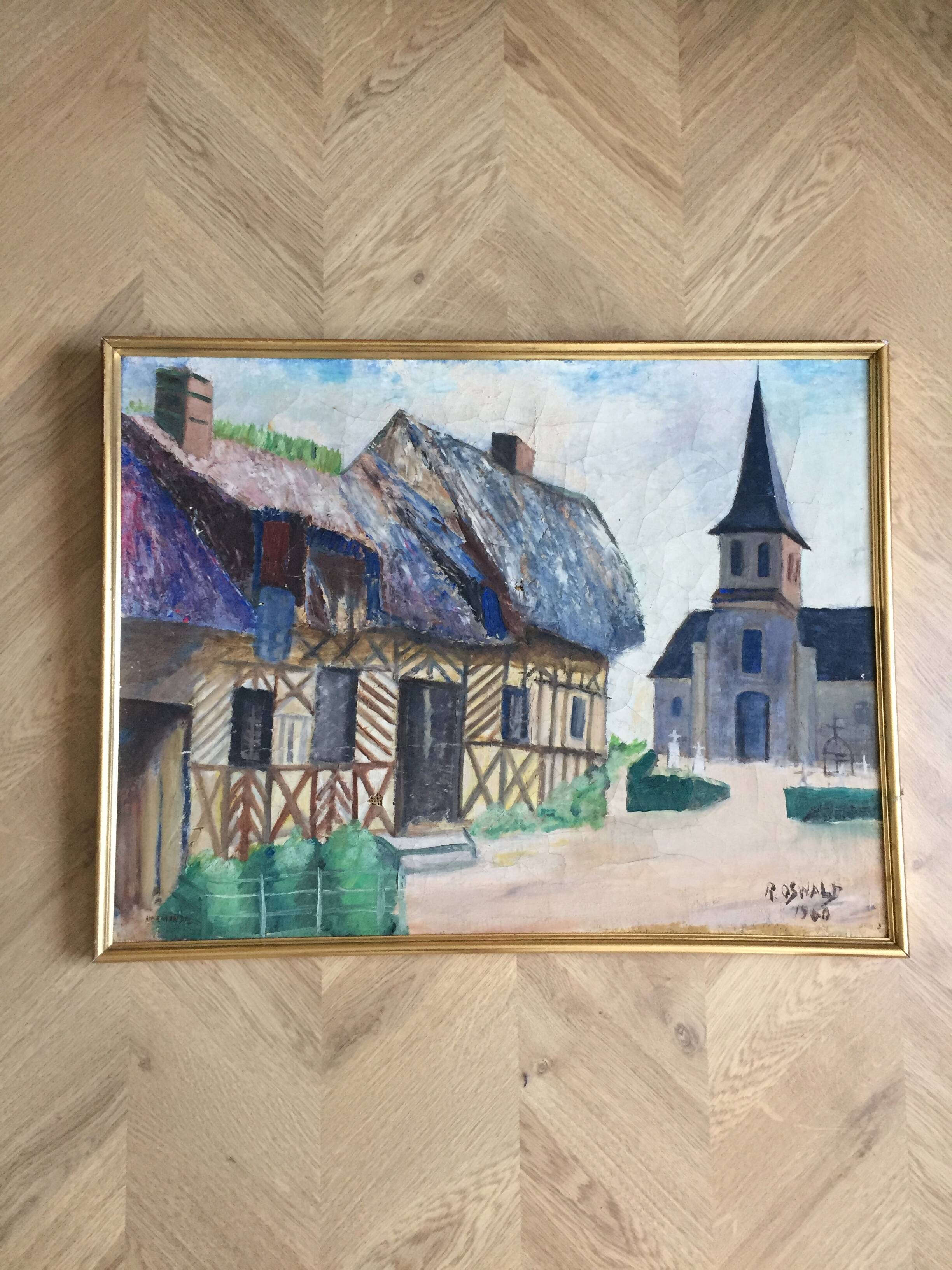 Oil painting on canvas Normande R.Oswald 1960 gilded wooden frame