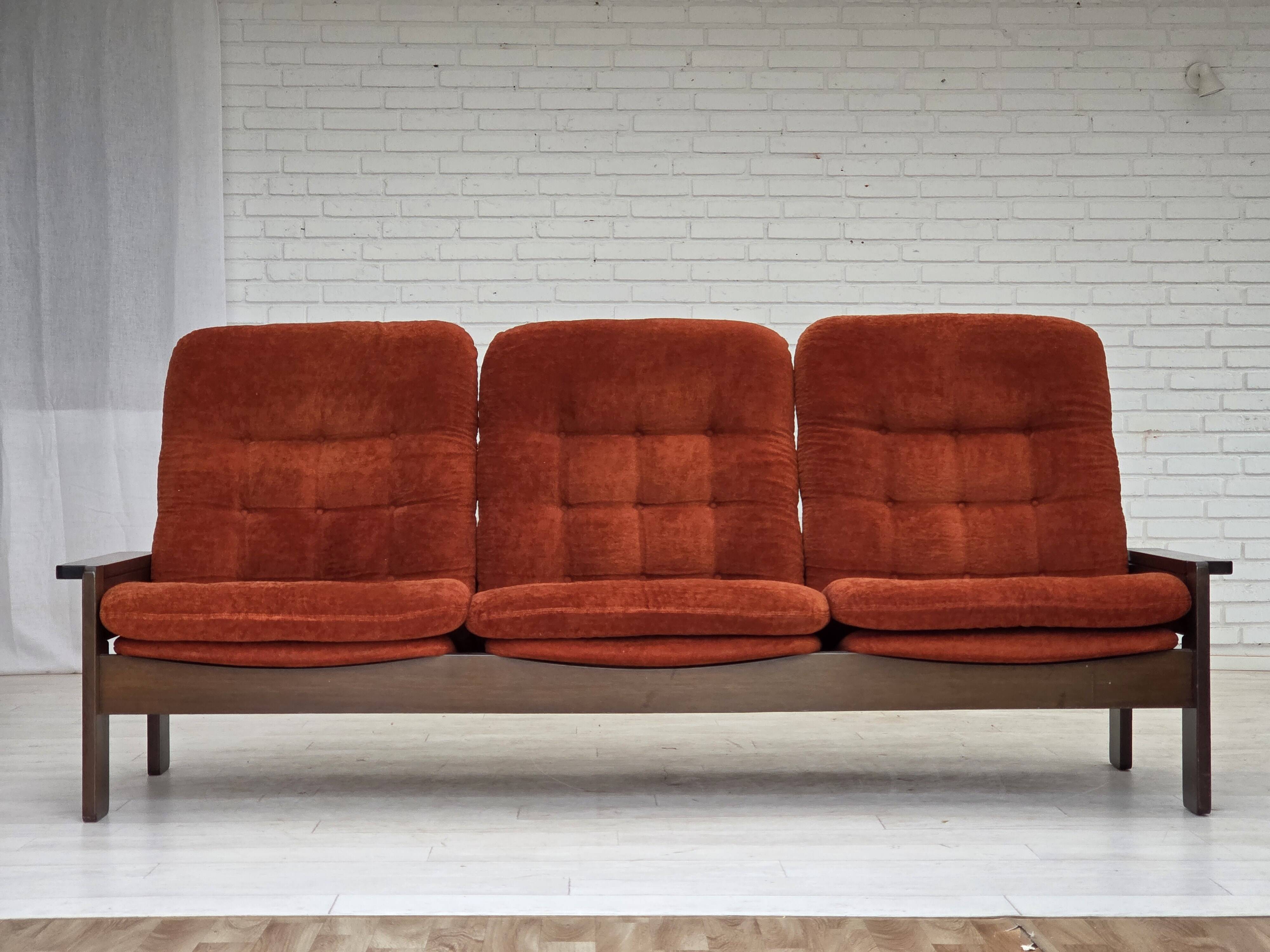 1970s, 3-seater Danish sofa, orange/red furniture velour, oak wood.