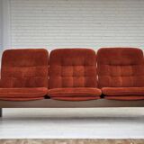 1970s, 3-seater Danish sofa, orange/red furniture velour, oak wood.