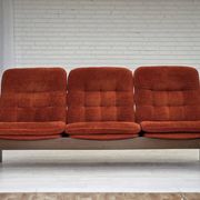 1970s, 3-seater Danish sofa, orange/red furniture velour, oak wood.