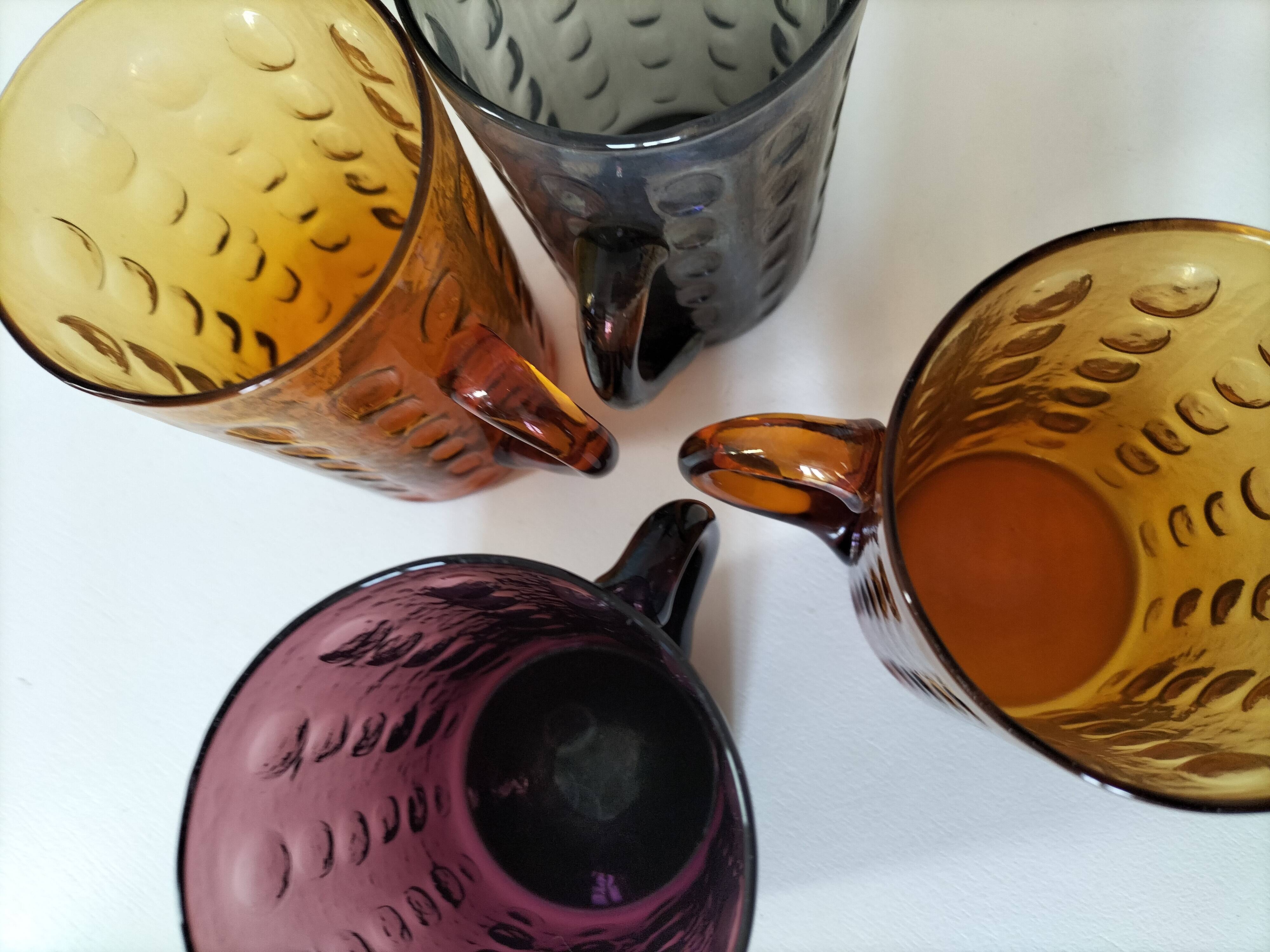 Set of 4 coloured pressed glass mugs, vintage style.