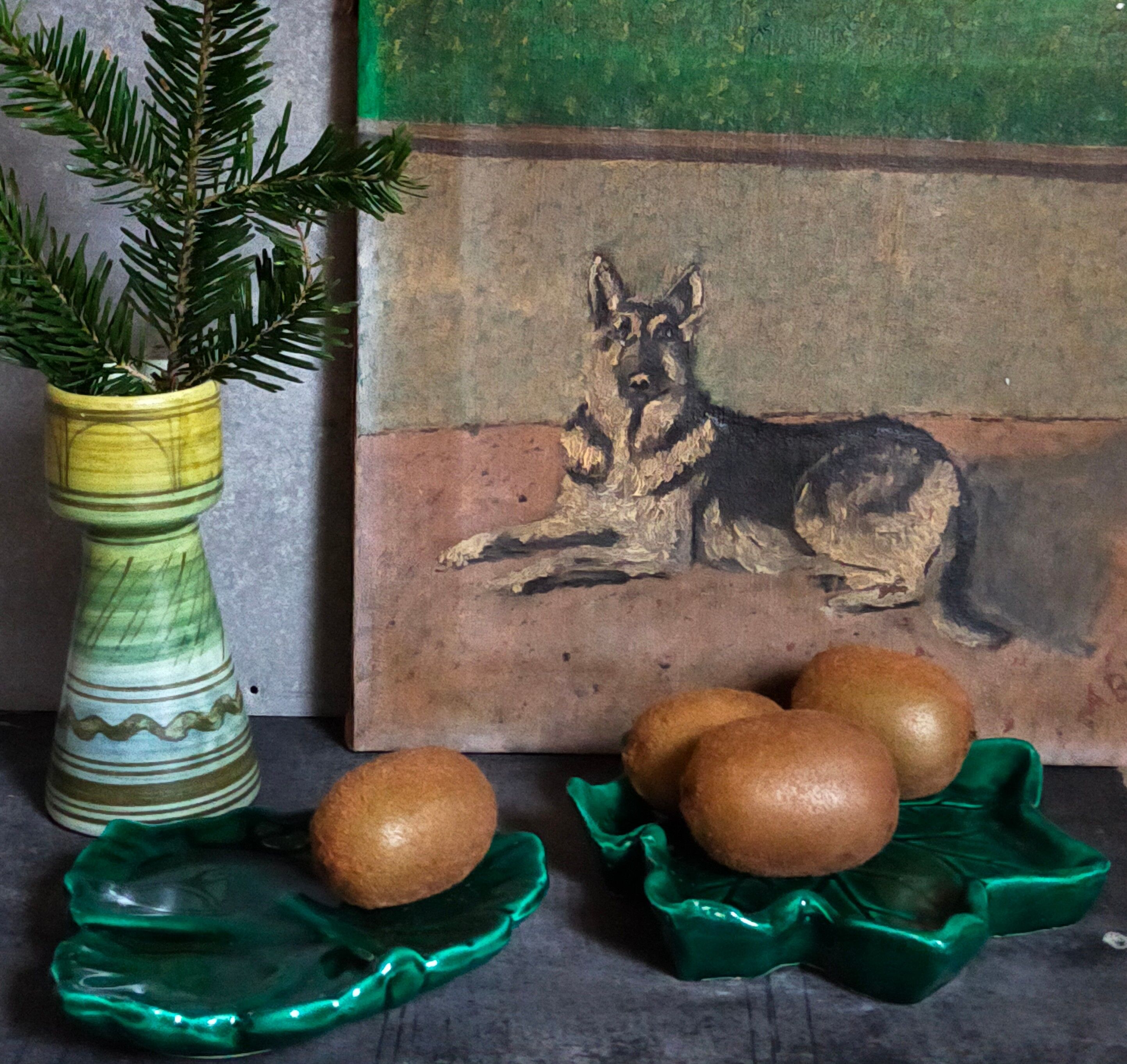 Duo of leaf cups in green slurry from Vintage Vallauris