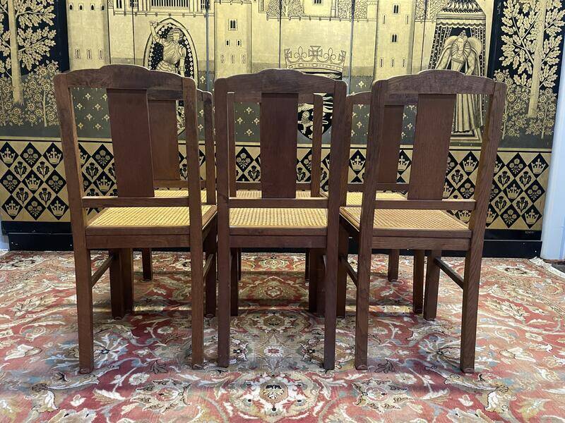 Set of 6 Art Deco chairs in oak and cane - caned