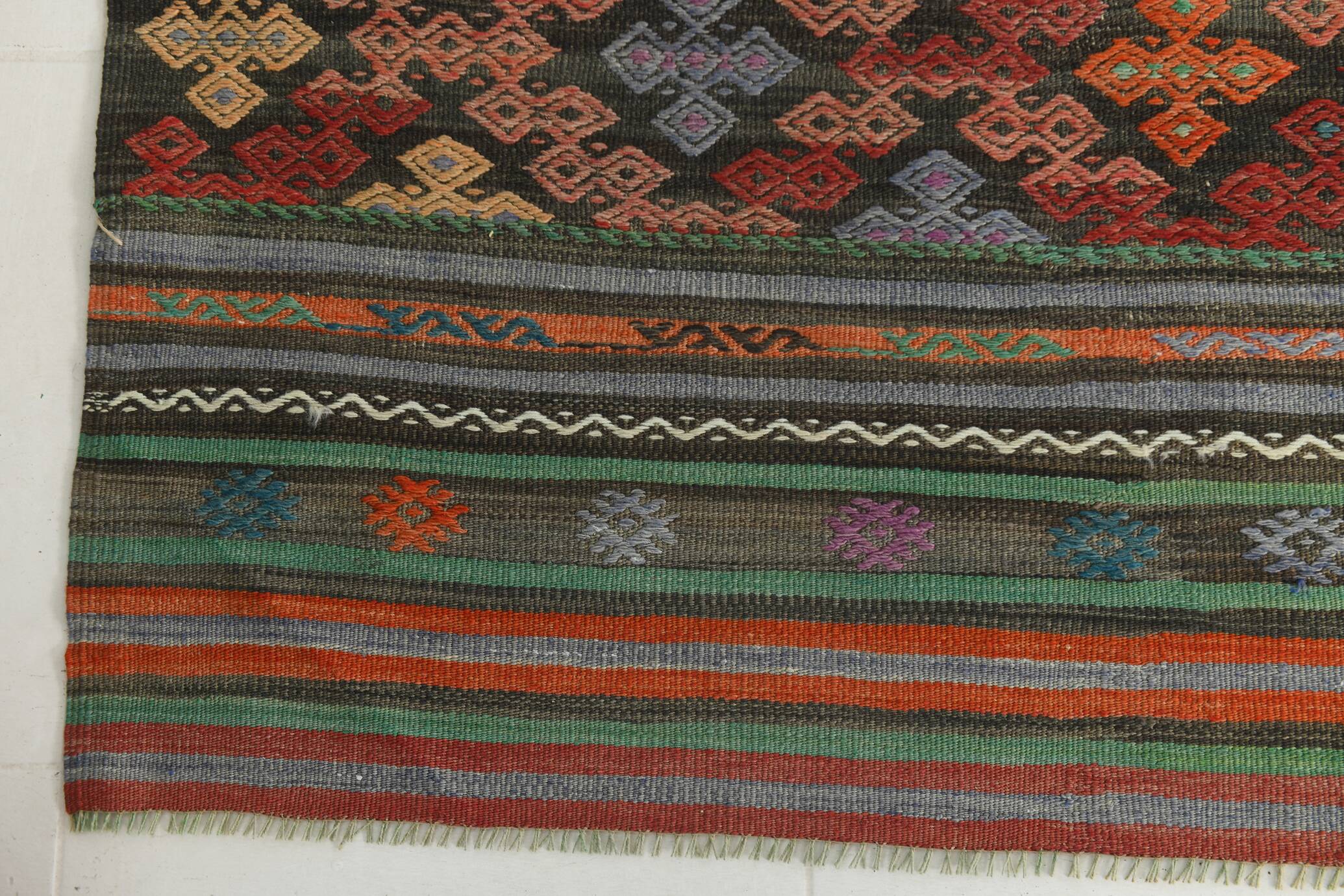 6x9 Blue & Green Striped Kilim Rug, 180x271Cm