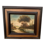 Painting XIX Landscape at the Water's Edge with its signed frame